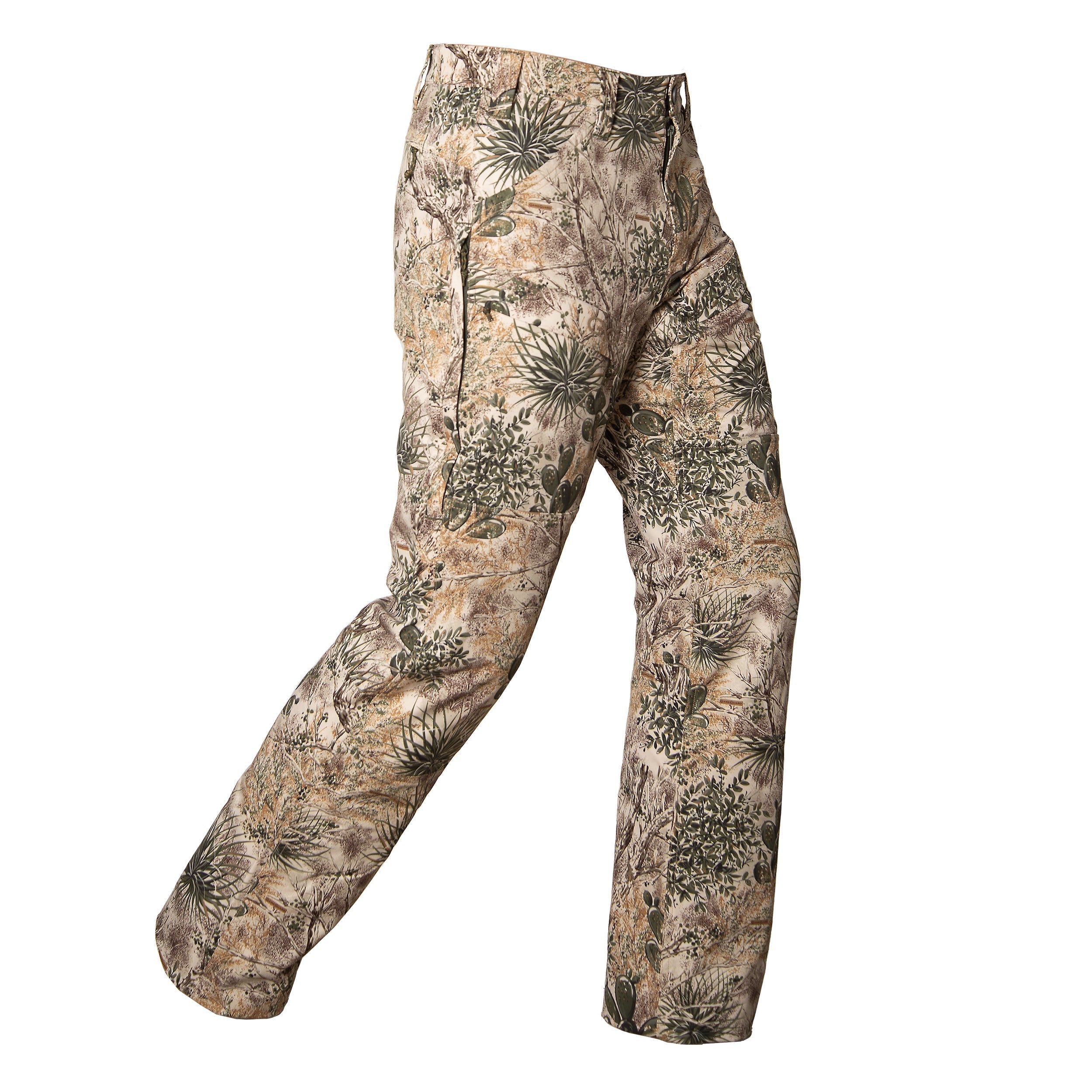 Desert camo hunting pants with cactus and brush pattern for outdoor concealment