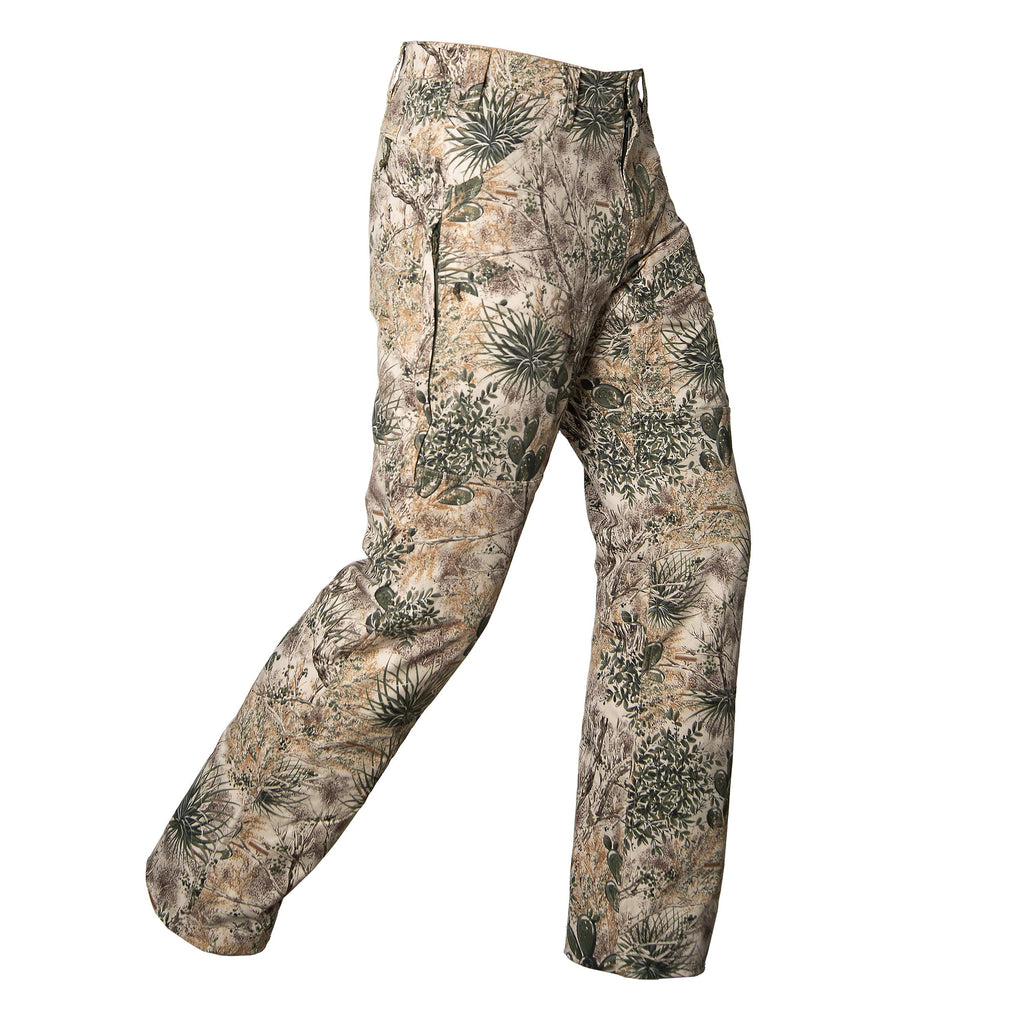 Desert camo hunting pants with cactus and brush pattern for outdoor concealment