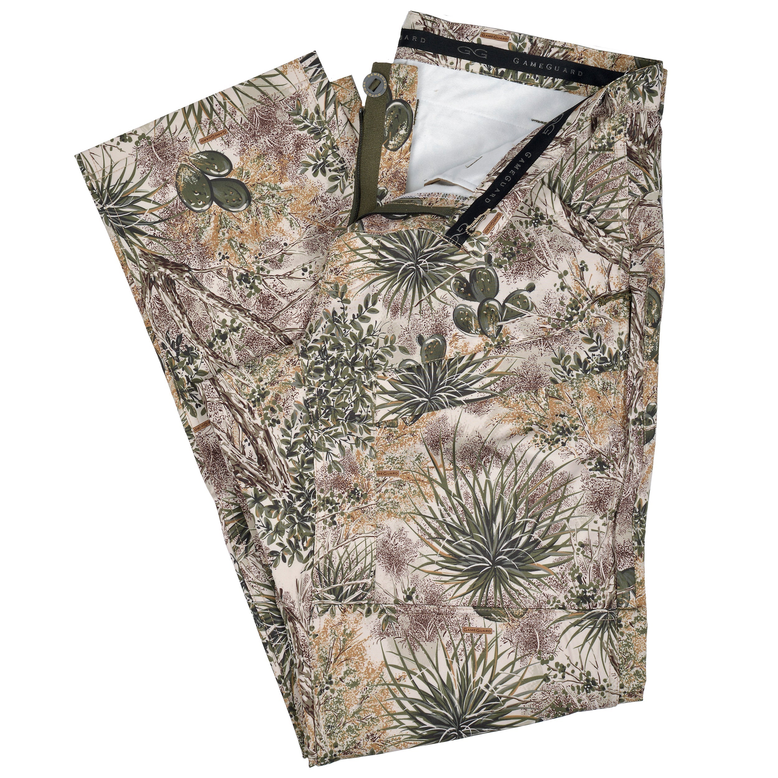GameGuard desert camo hunting pants with cactus and brush pattern, ideal for outdoor stealth and concealment