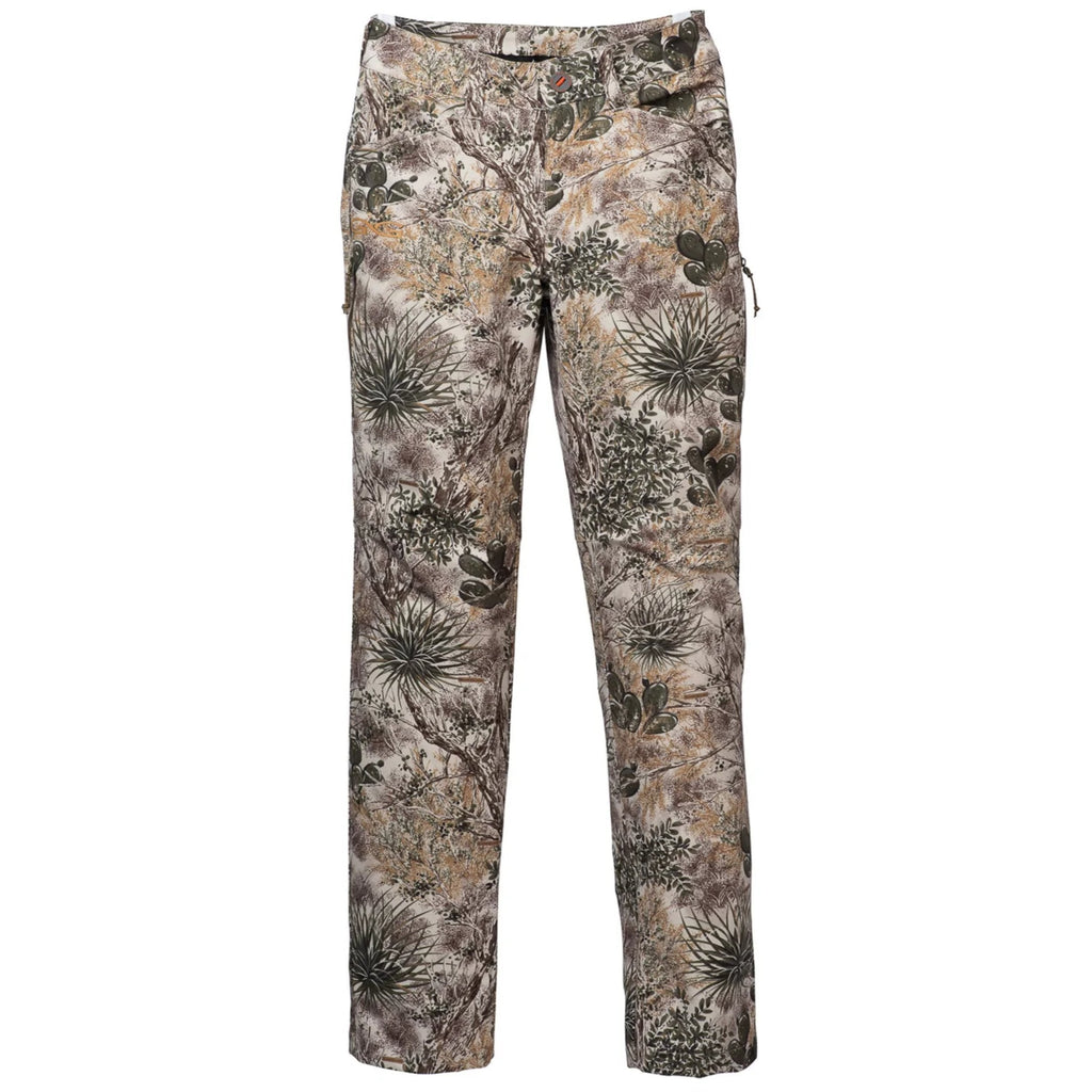 Desert camo hunting pants with cactus and brush pattern for outdoor concealment
