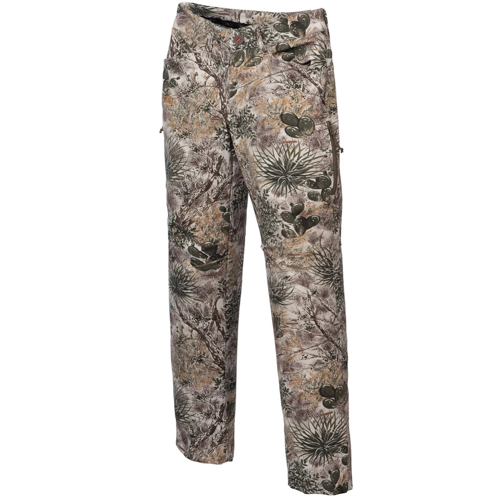 Desert camo hunting pants with cactus print, ideal for outdoor stealth and brush terrain