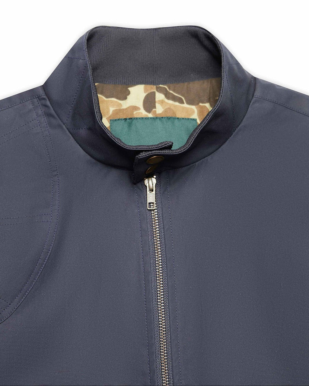 Standing collar and two-way zipper on the Navy Blue Harrington Jacket