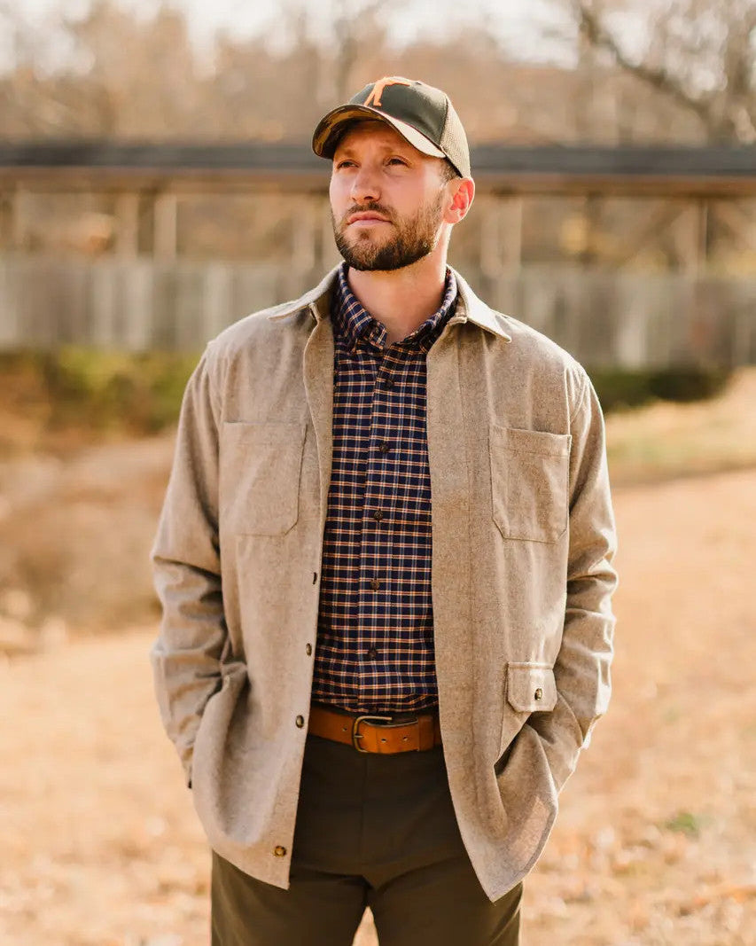Man wearing the Oatmeal Mariners Overshirt open over a plaid shirt