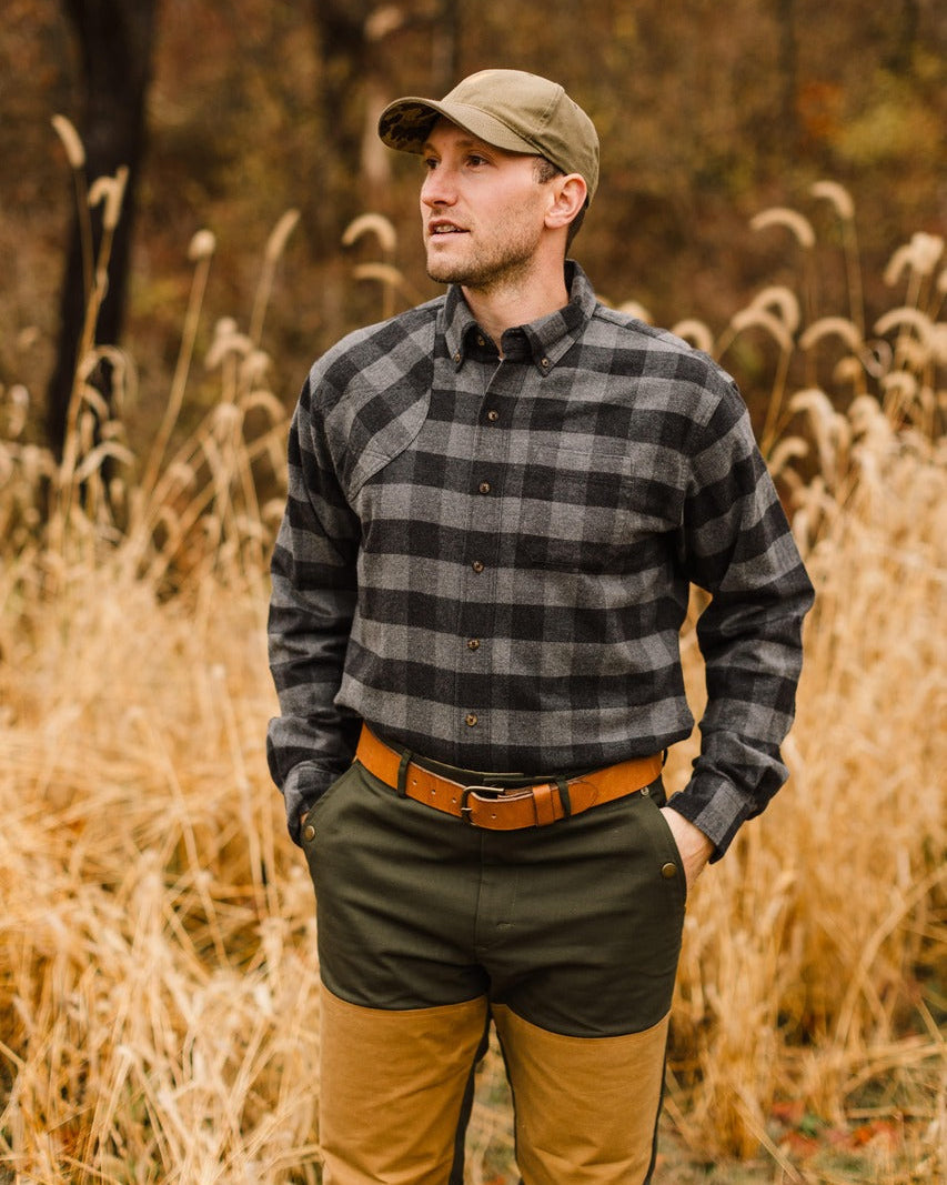Man in the Grey Buffalo Plaid Sportsmans Shirt and olive pants in tall fall grass