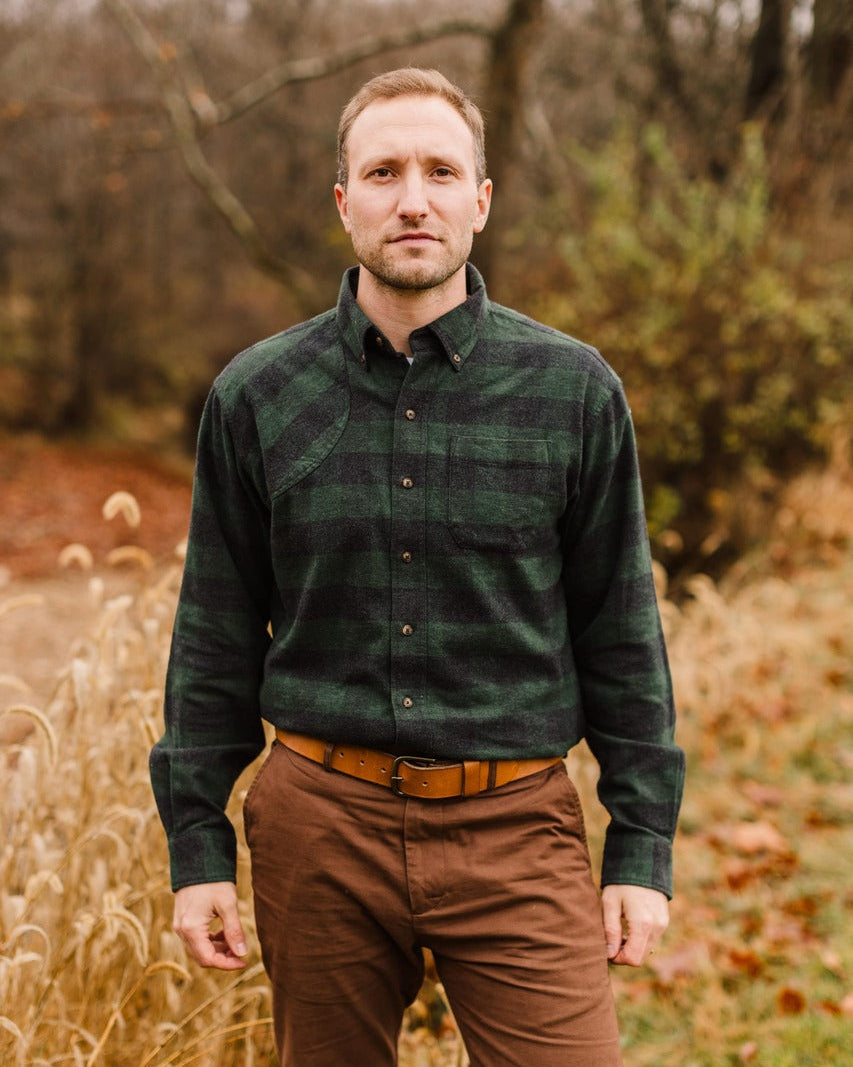 Man in the Green Buffalo Plaid Sportsmans Shirt and brown field pants in a fall field