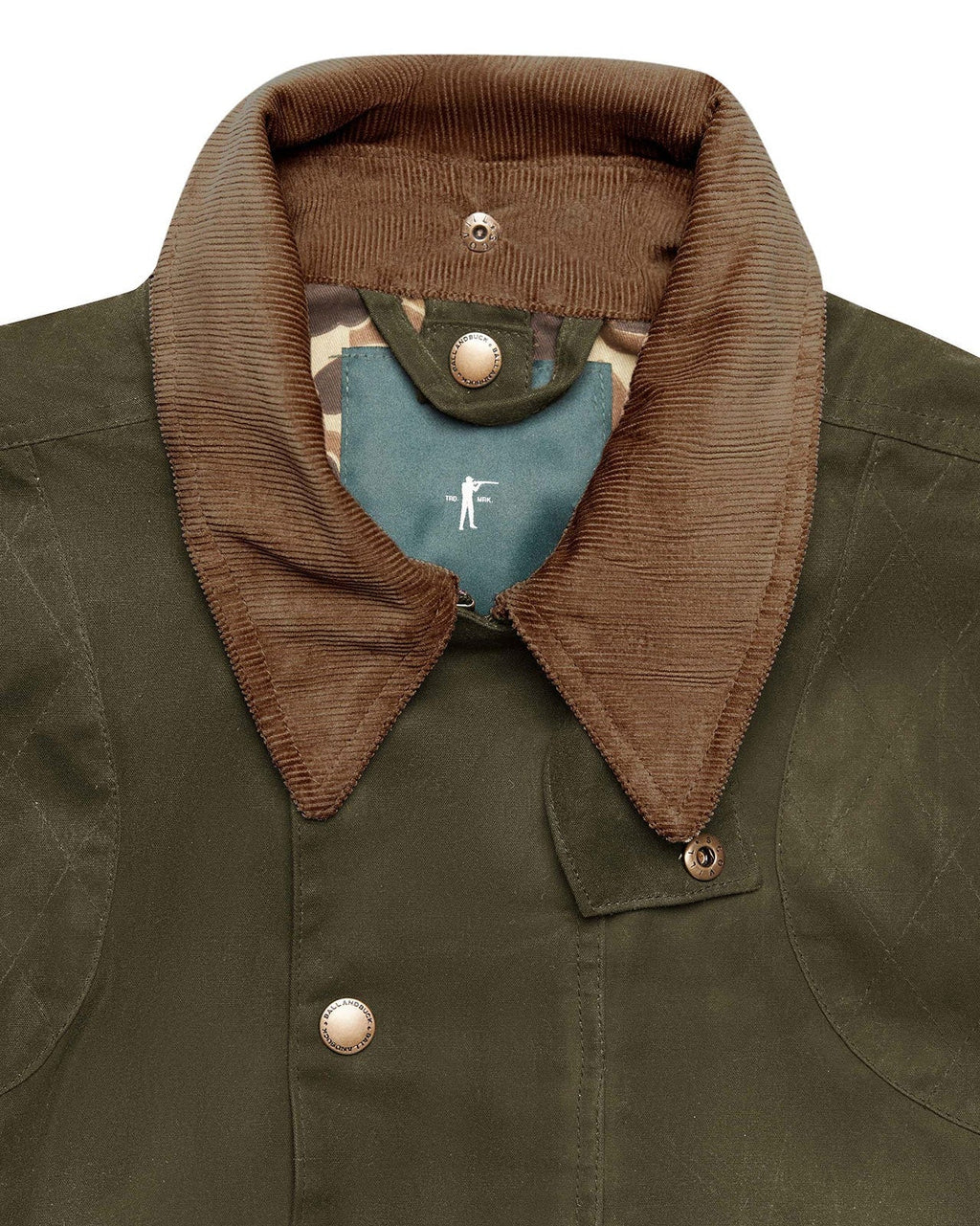 Brown corduroy collar on the Olive Upland Jacket