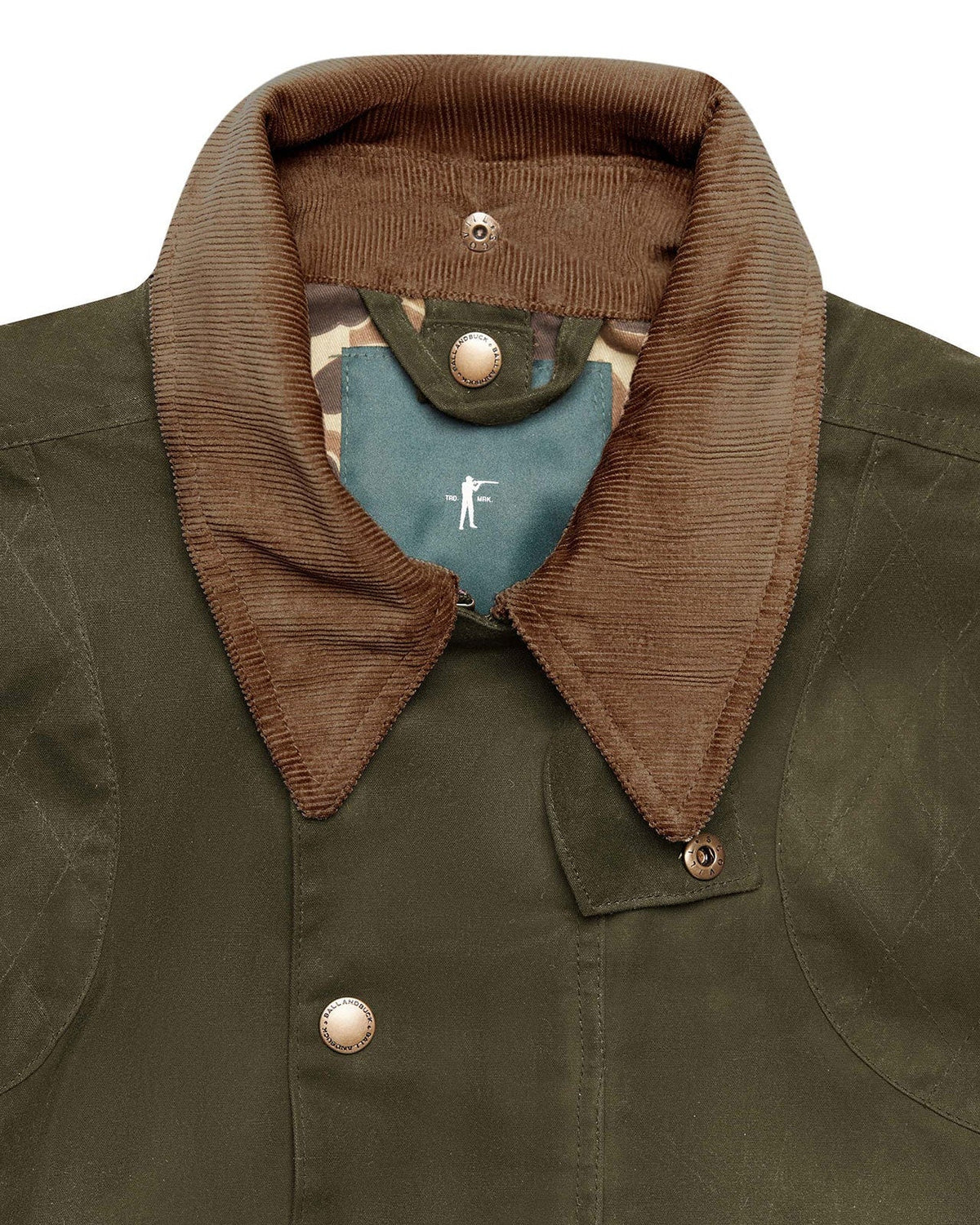 Brown corduroy collar on the Olive Upland Jacket