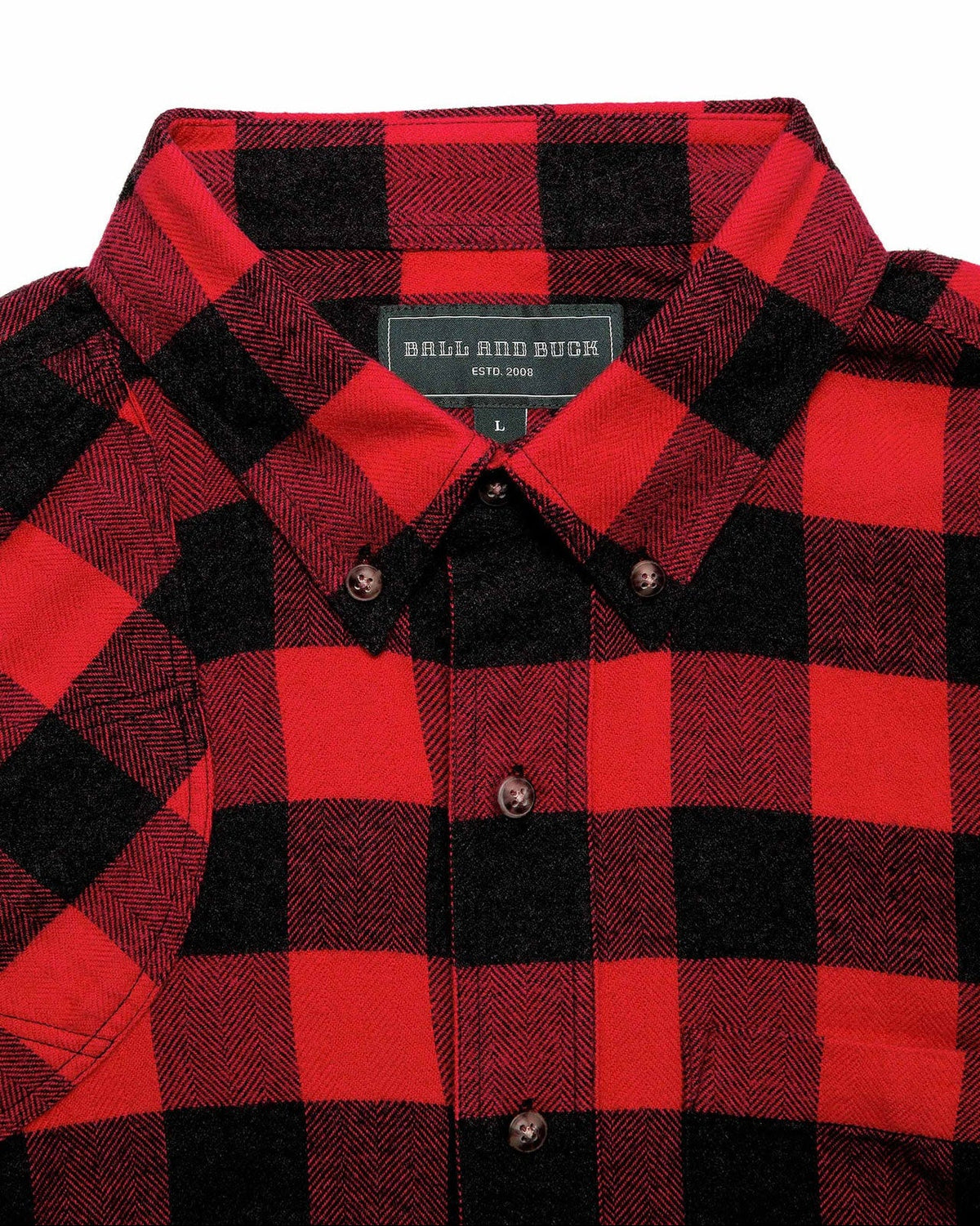 Button-down collar and label on the red Buffalo Plaid Sportsmans flannel shirt