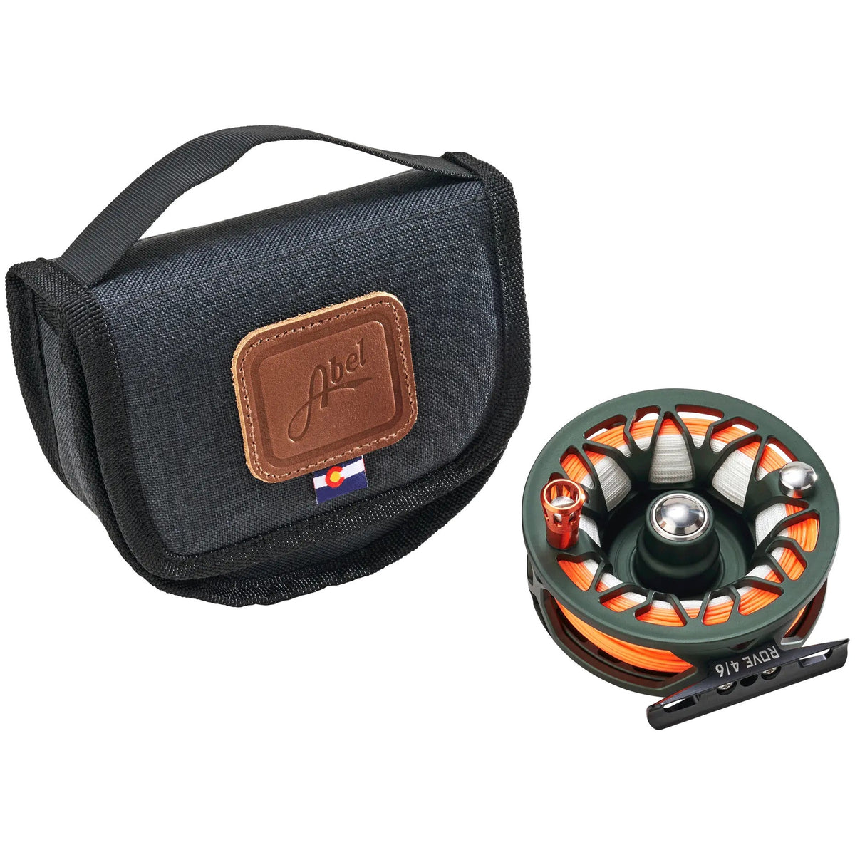 Abel x Ball and Buck ROVE reel beside its padded reel case with leather patch