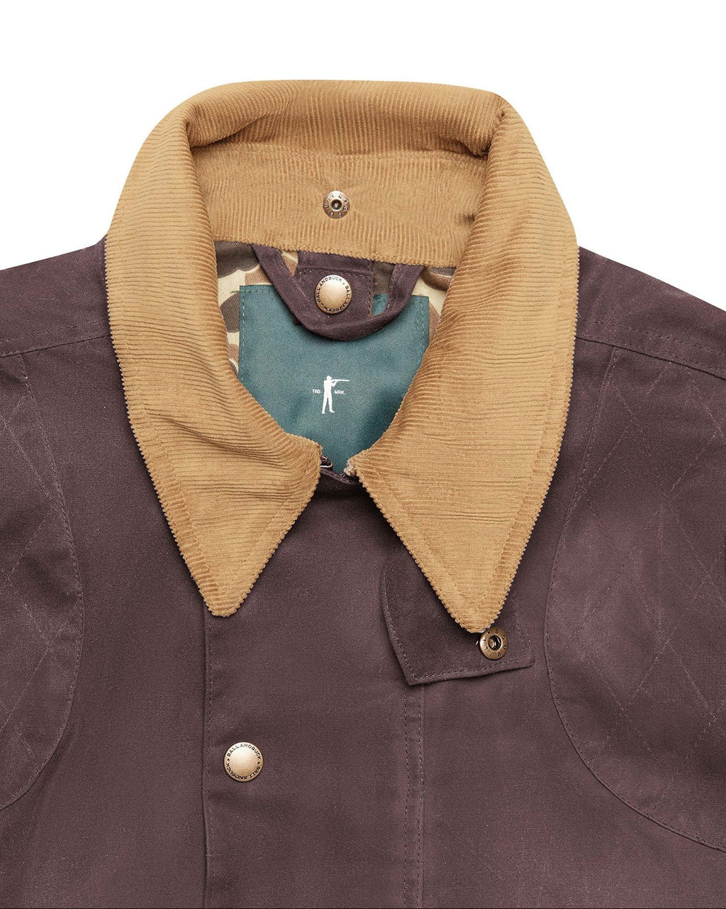 Corduroy collar and green collar band on the Dark Oak Upland Jacket