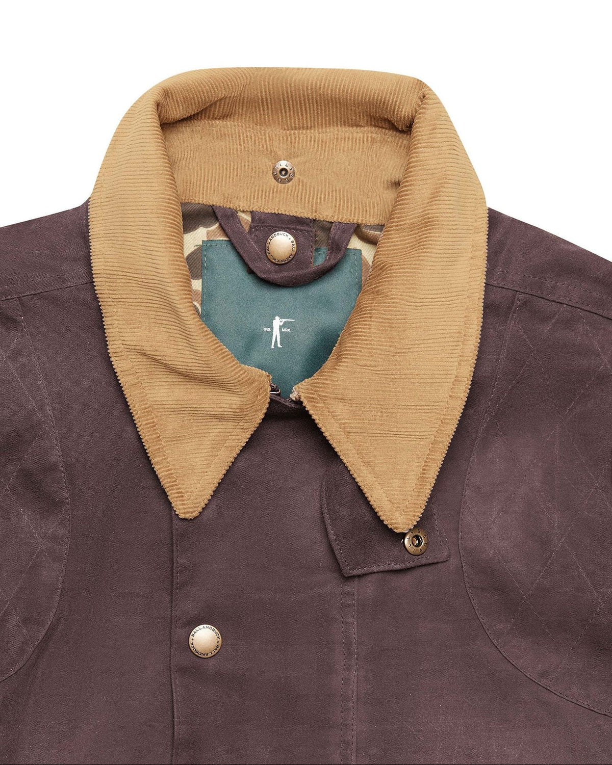 Corduroy collar and green collar band on the Dark Oak Upland Jacket