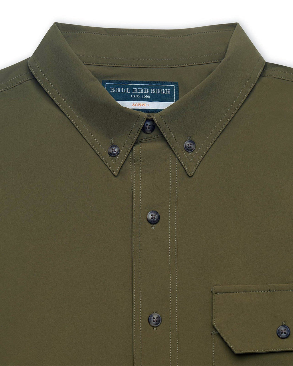 Button-down collar and chest pocket on the Olive Active+ Guide Shirt
