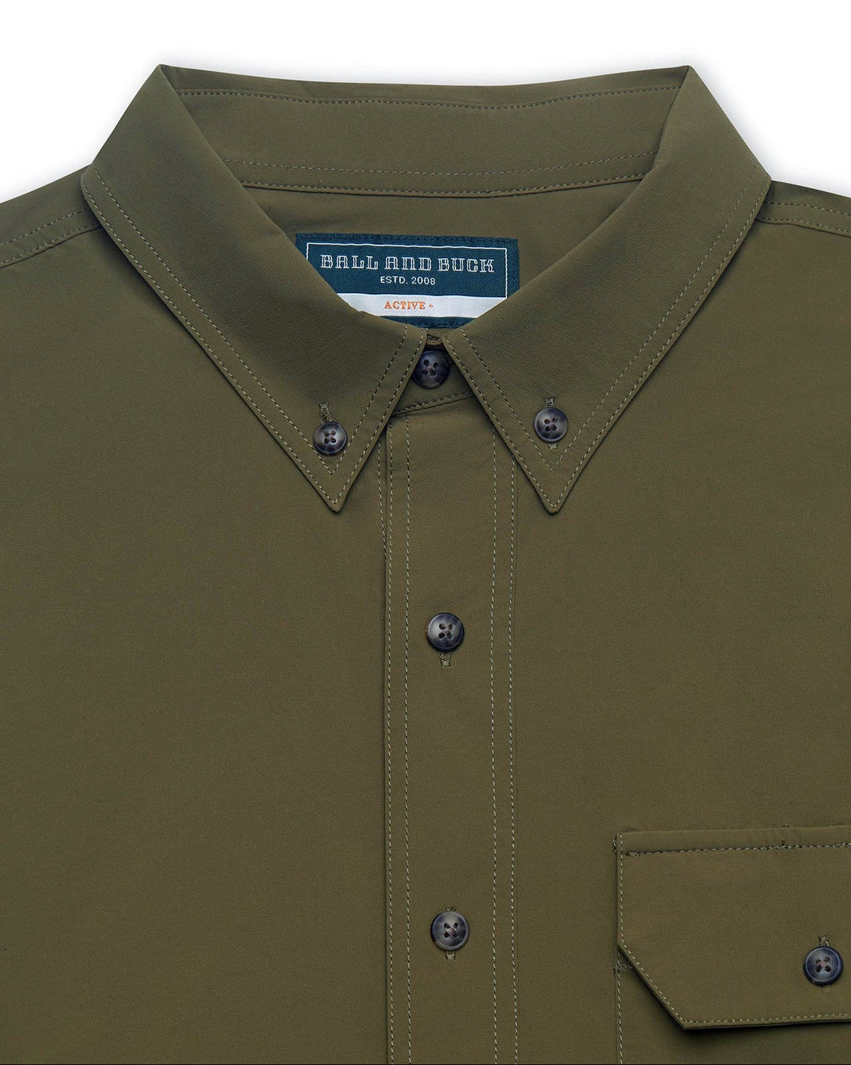 Button-down collar and chest pocket on the Olive Active+ Guide Shirt