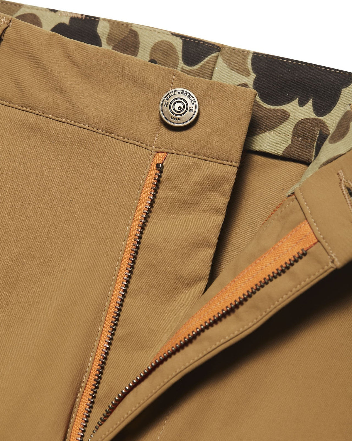 Brass shank button and zip fly on the Active+ Field Pant in Signature