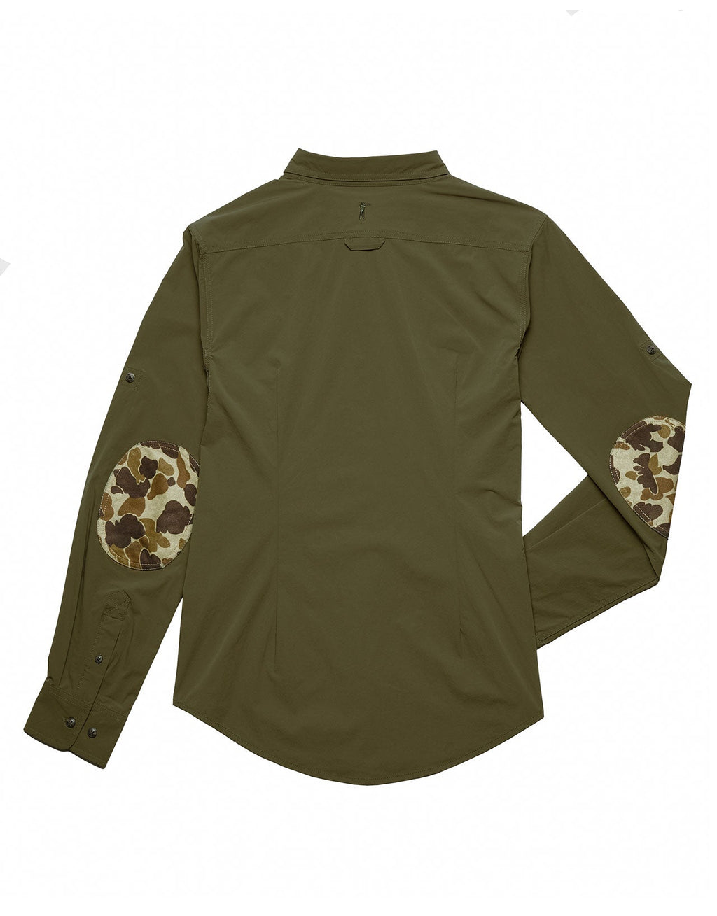 Womens Active+ Joan Field Shirt in Olive, back view with camo elbow patches