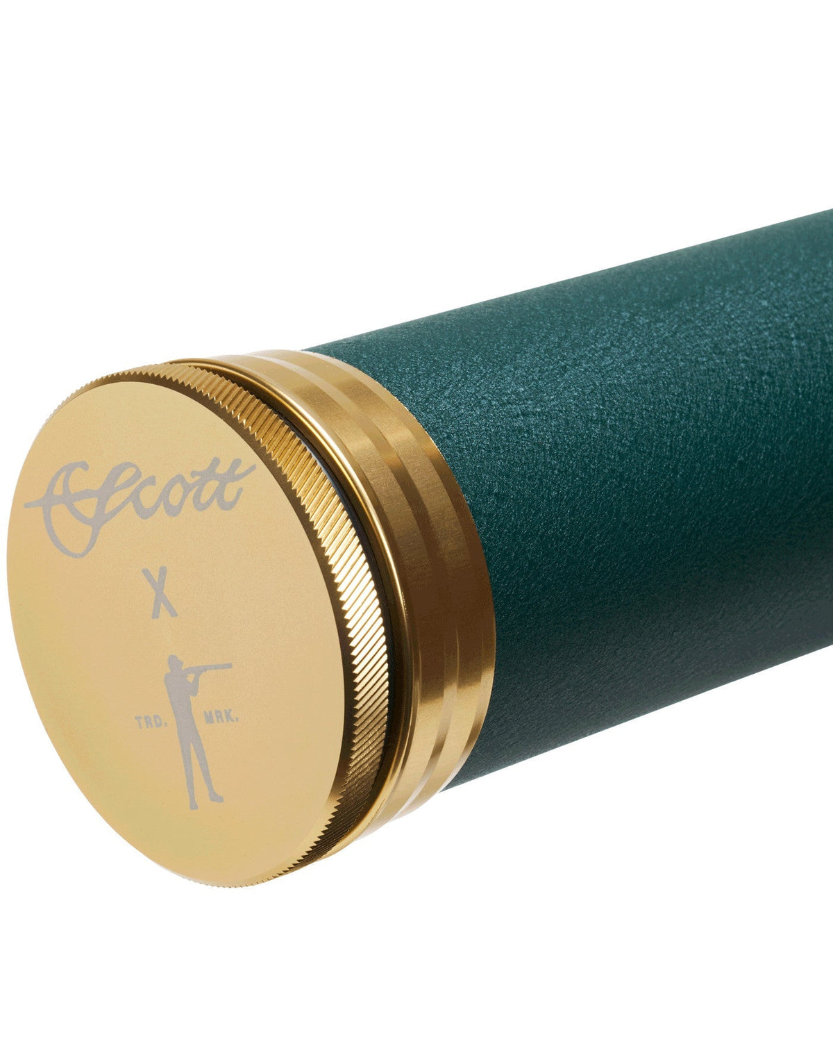Brass rod tube cap engraved with the Scott x Ball and Buck Arthur logo