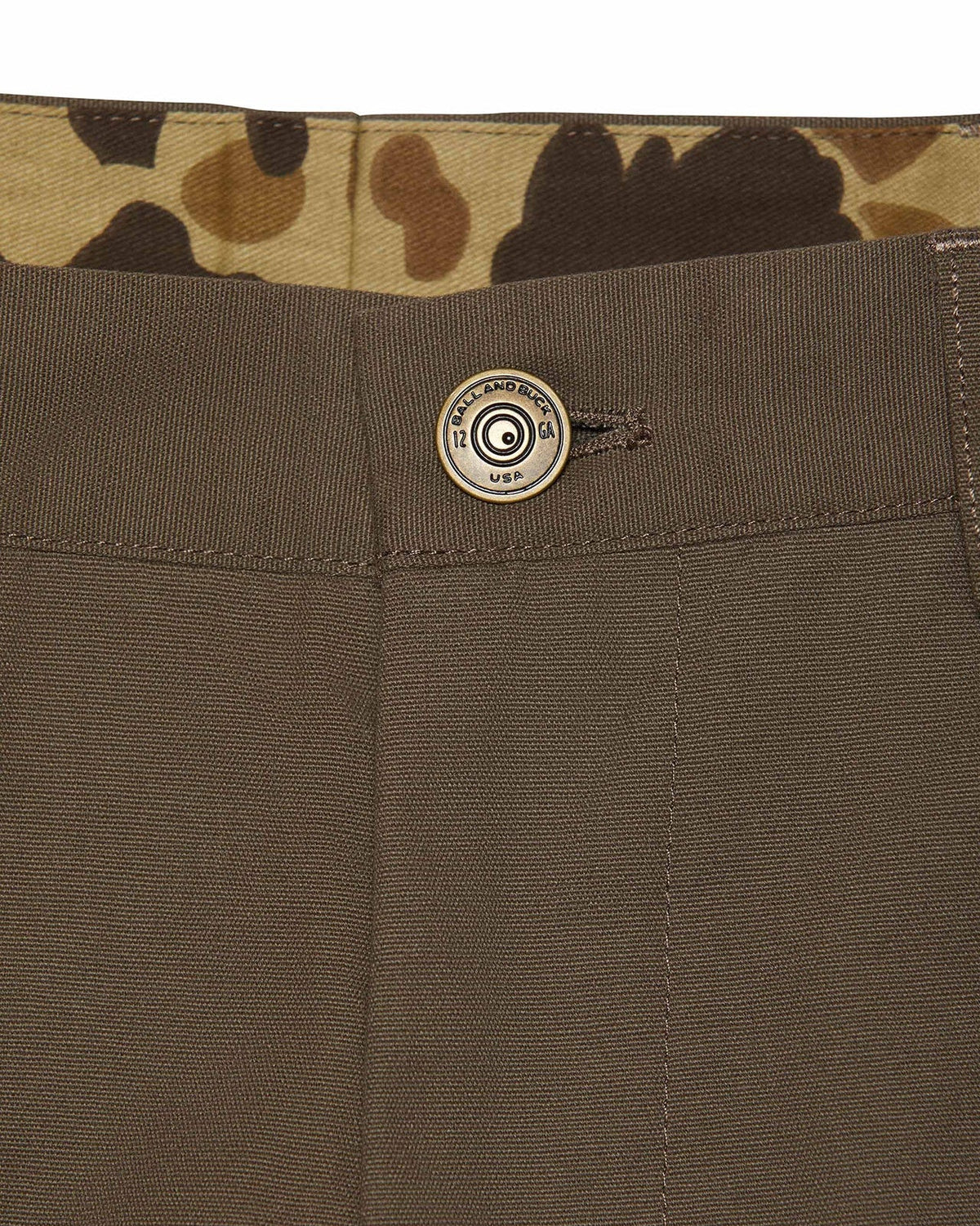 Shotgun shell brass shank button on the Burnt Sage Heritage Pant