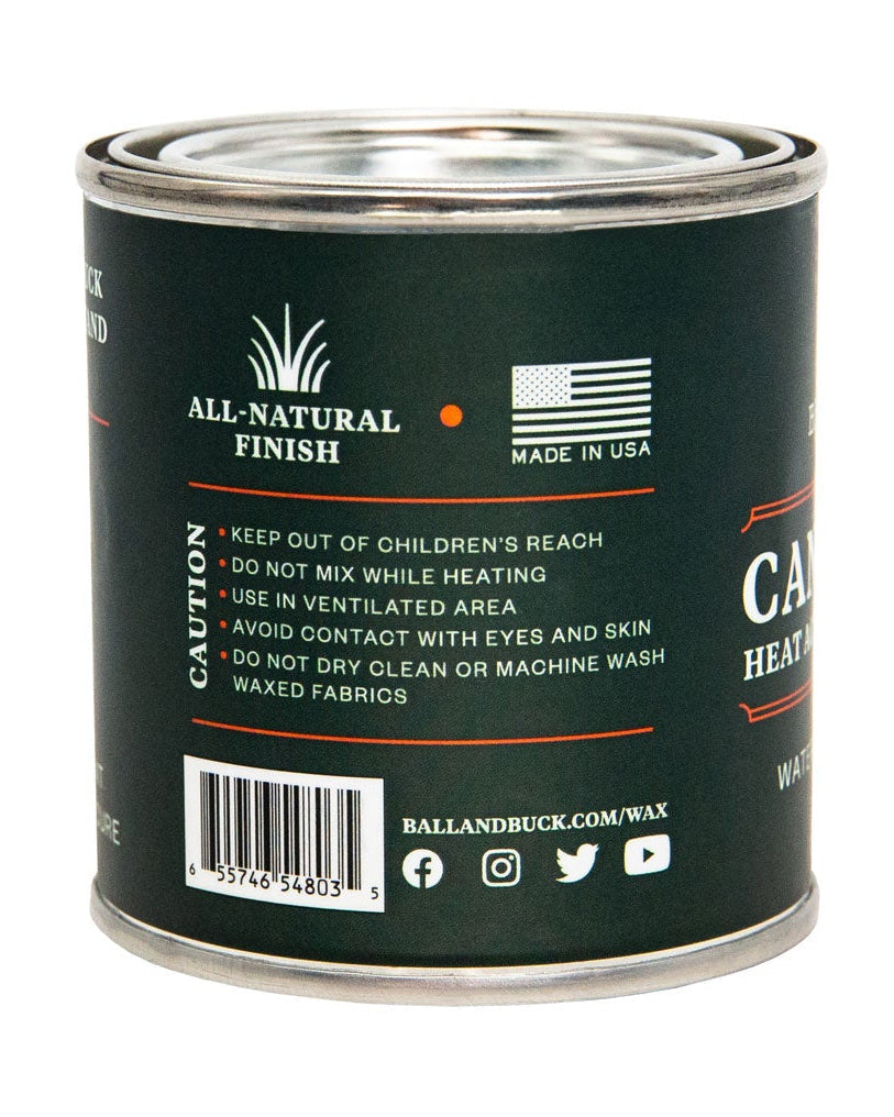 Ball and Buck Canvas Wax tin, side label with directions and Made in USA mark