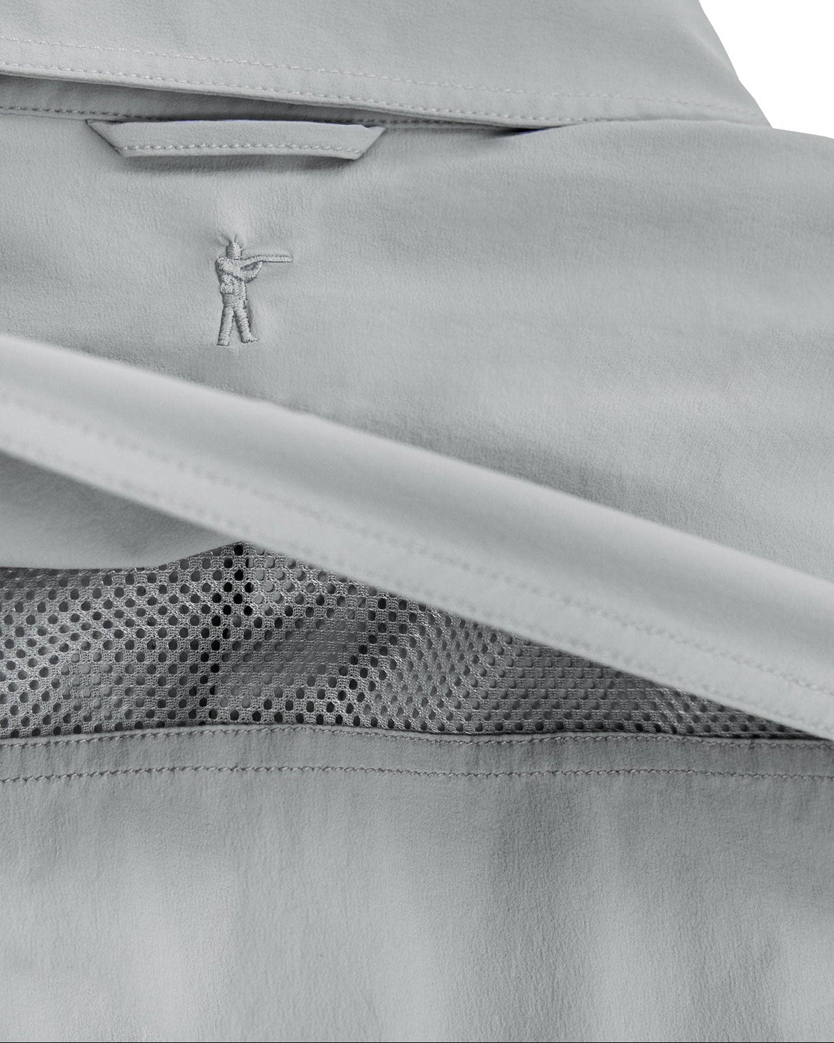 Mesh back yoke vent on the Stone Grey Active+ Guide Shirt