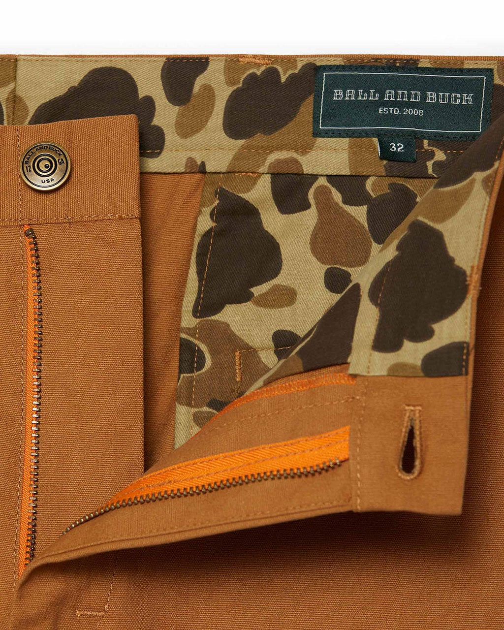 Zip fly and Original Camo waistband lining on the Ground Nutmeg Heritage Pant