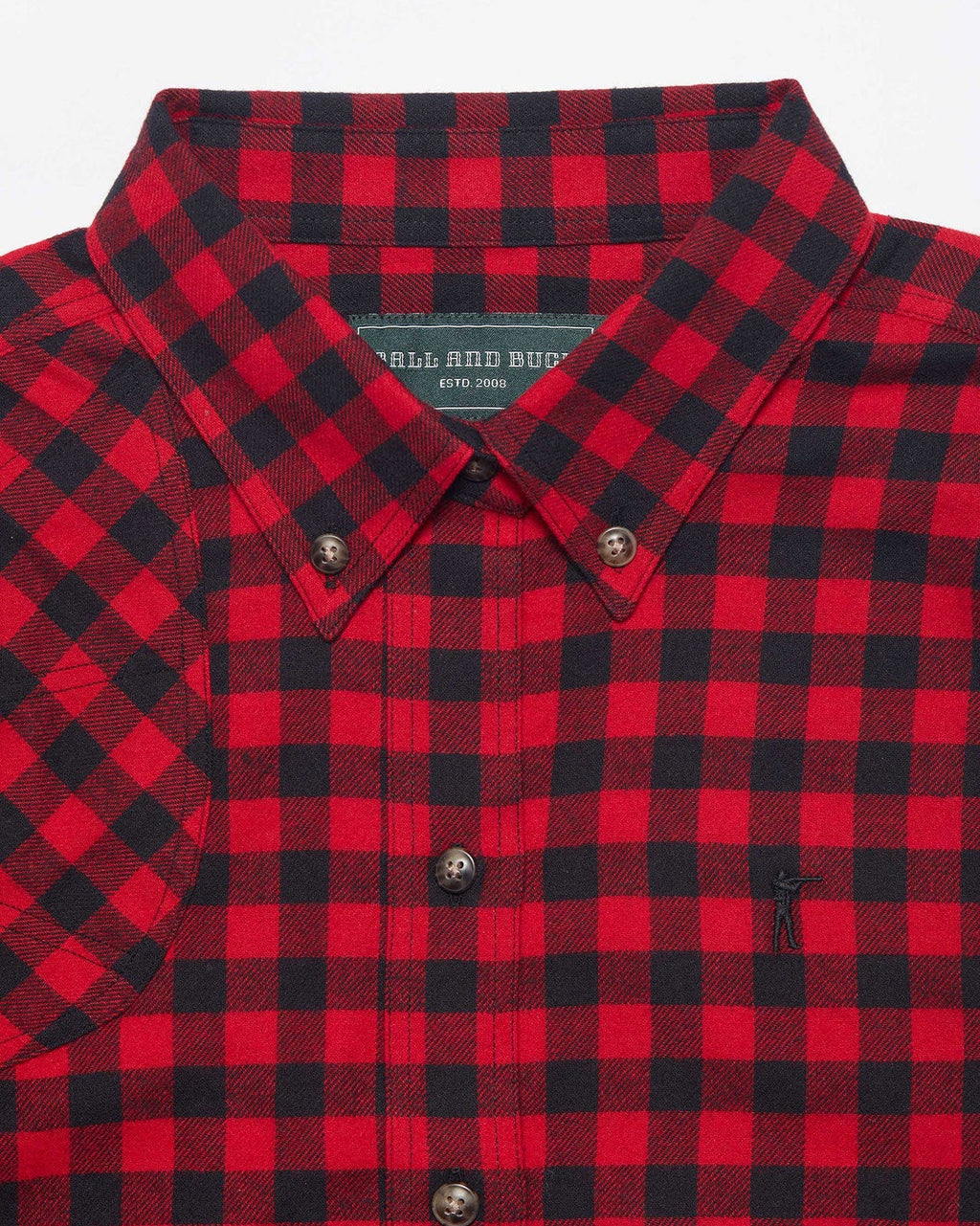 Collar and label on the womens Joan Shirt in red Mini Buffalo Plaid