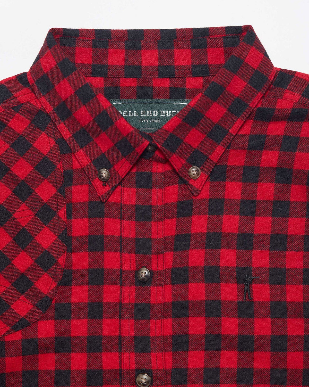 Collar and label on the womens Joan Shirt in red Mini Buffalo Plaid