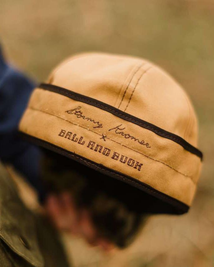 Signature Canvas Stormy Kromer cap worn, view of the back and ear band