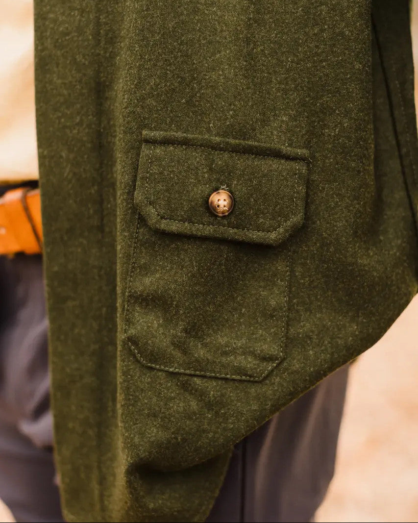 Waist flap pocket on the Loden Green Mariners Overshirt, worn