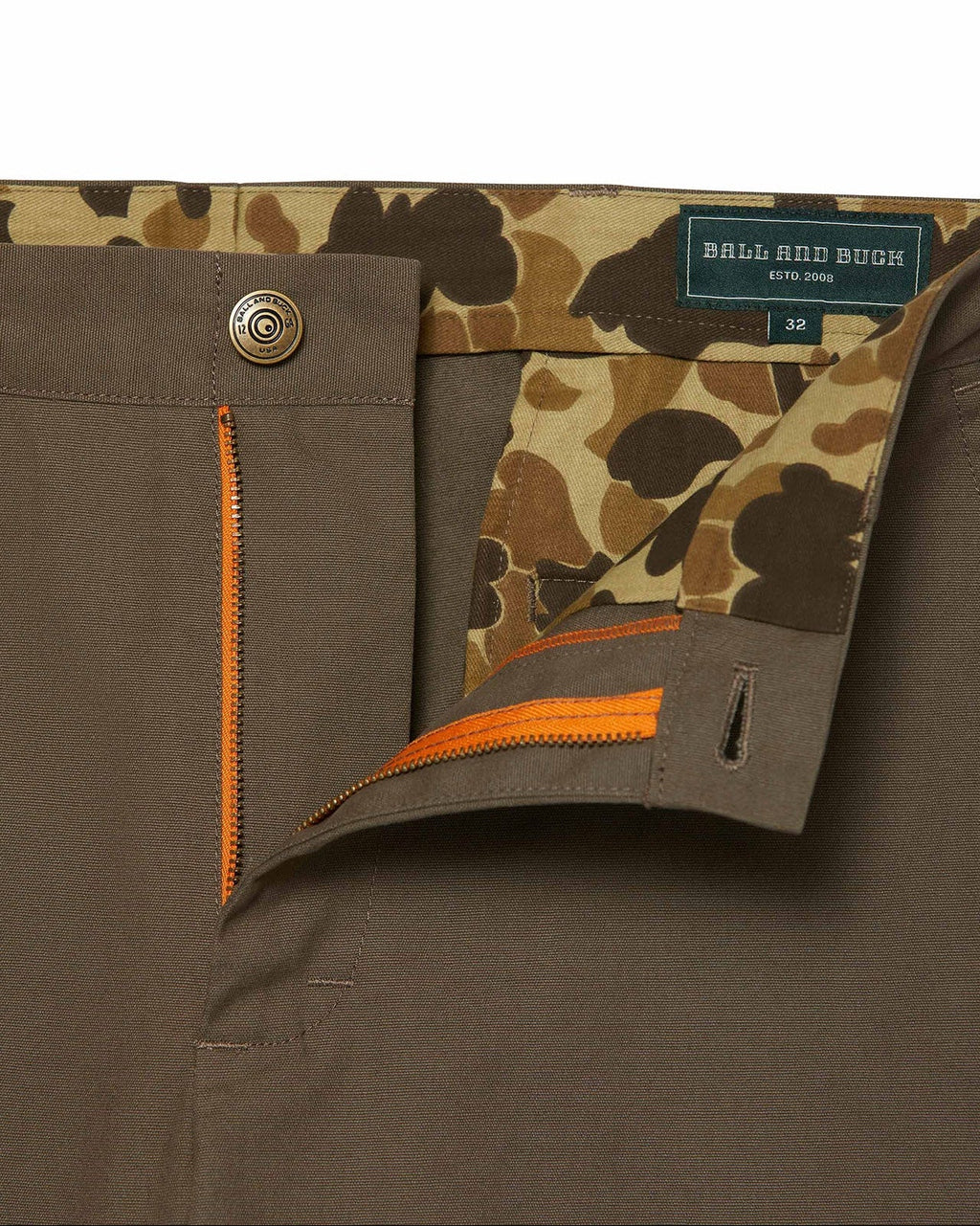 Zip fly and Original Camo pocket lining on the Burnt Sage Heritage Pant