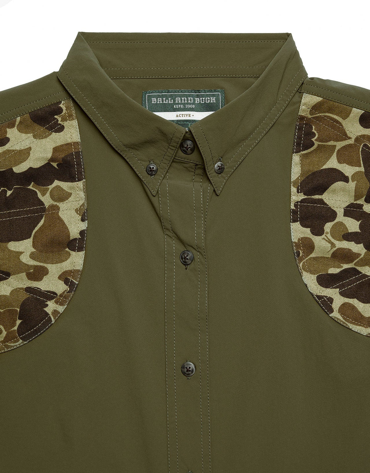 Original Camo shooting shoulders and collar on the Olive Active+ Joan Field Shirt
