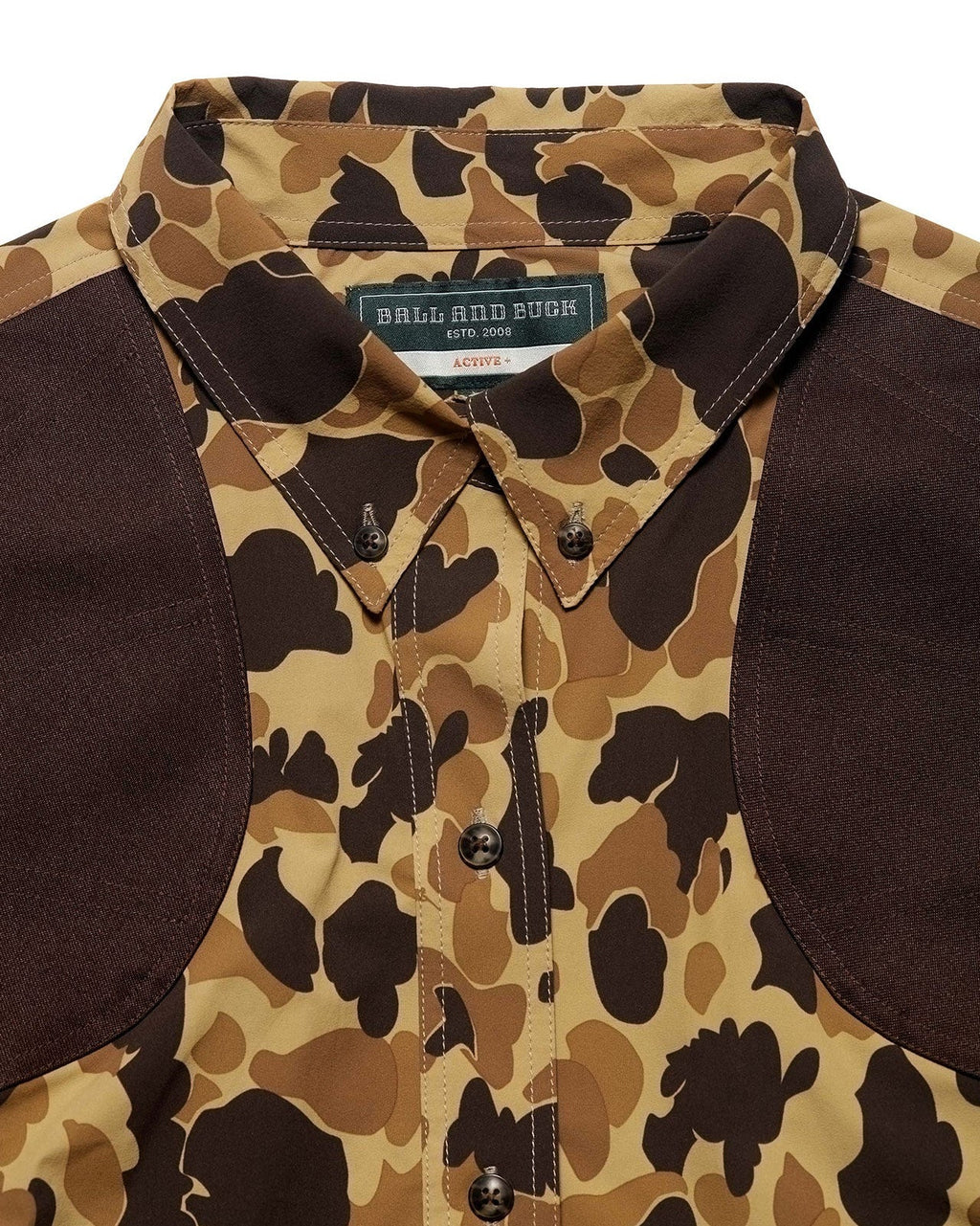 Brown reinforced shooting shoulders on the womens Active+ Joan Field Shirt in Original Camo