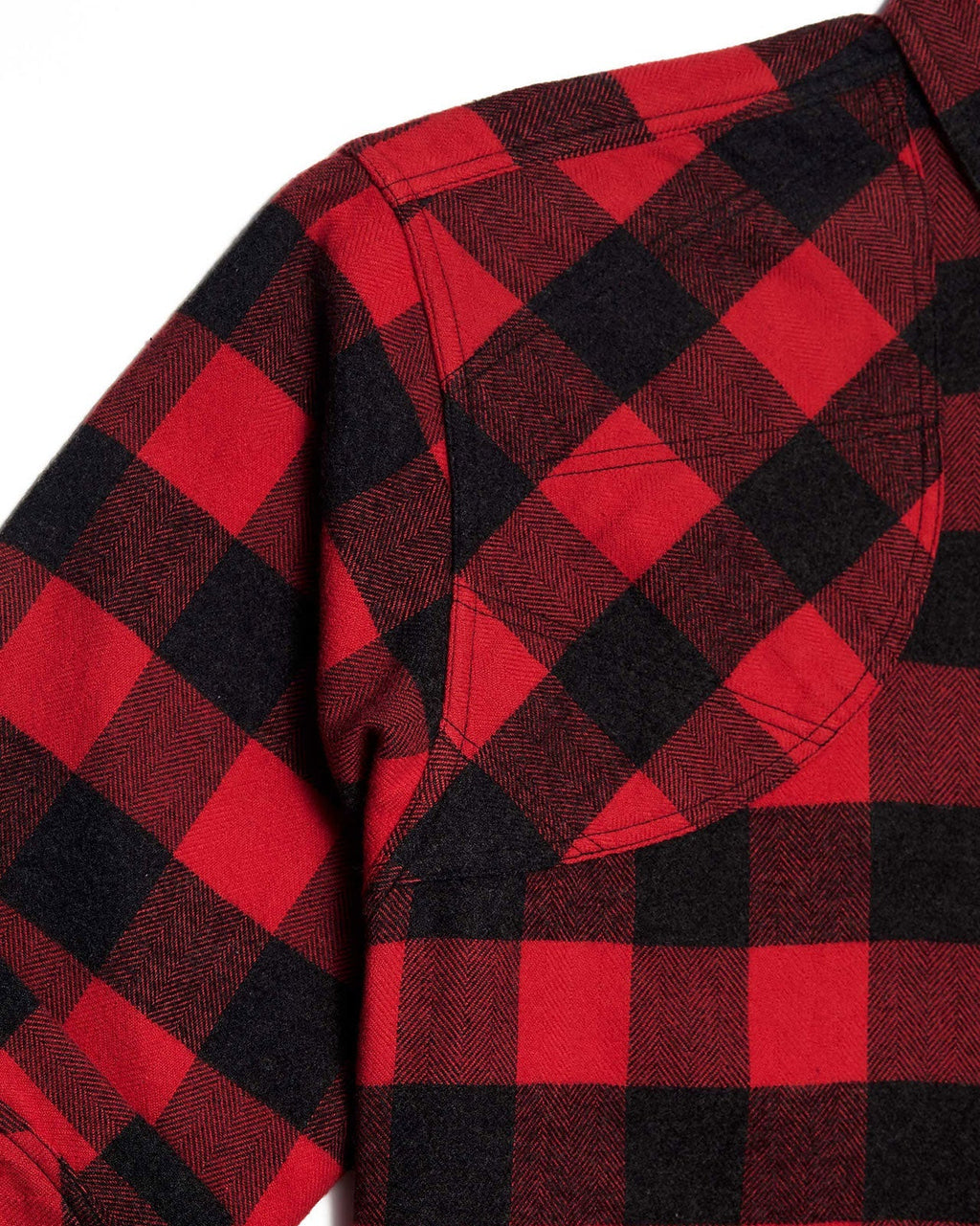 Reinforced shooting shoulder on the red Buffalo Plaid Sportsmans Shirt