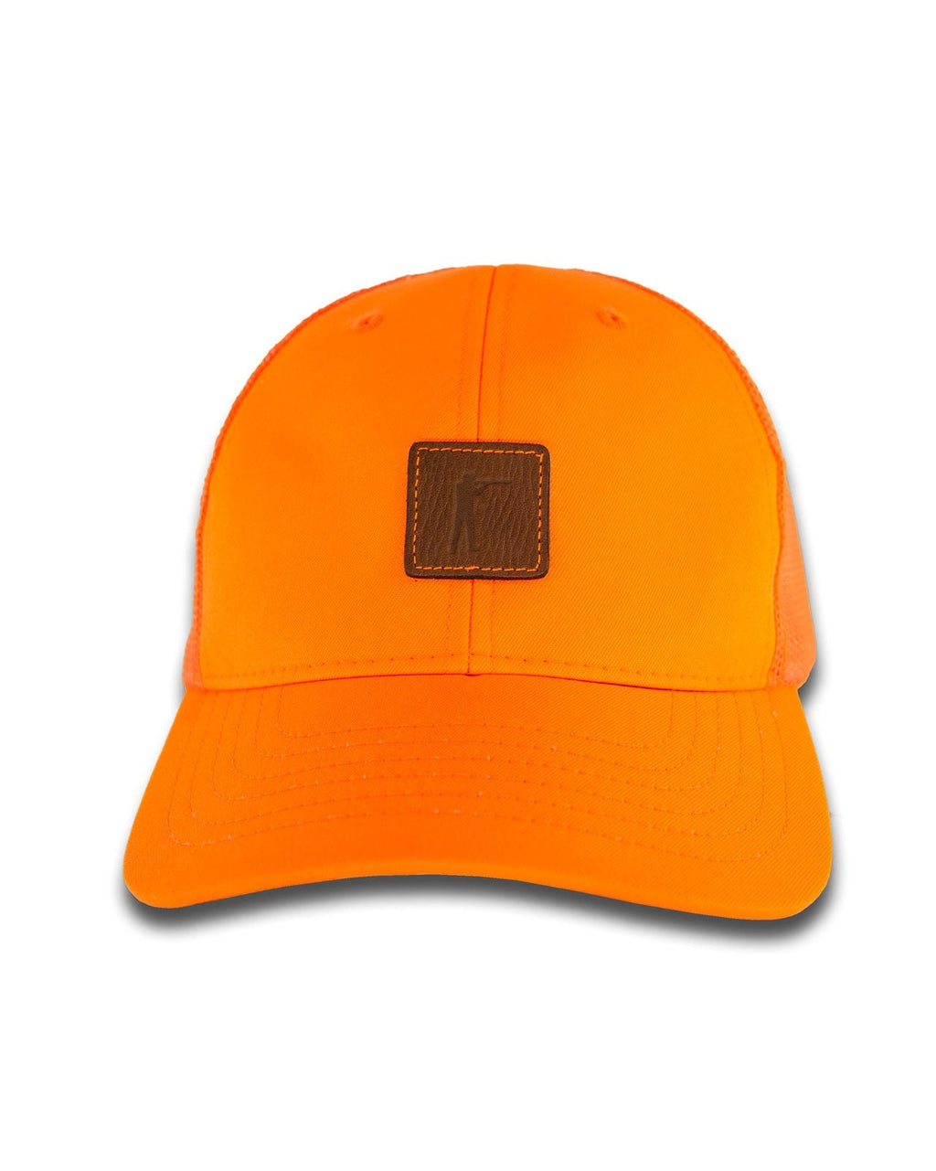Blaze orange Arthur Snapback Upland Edition, front view with leather patch