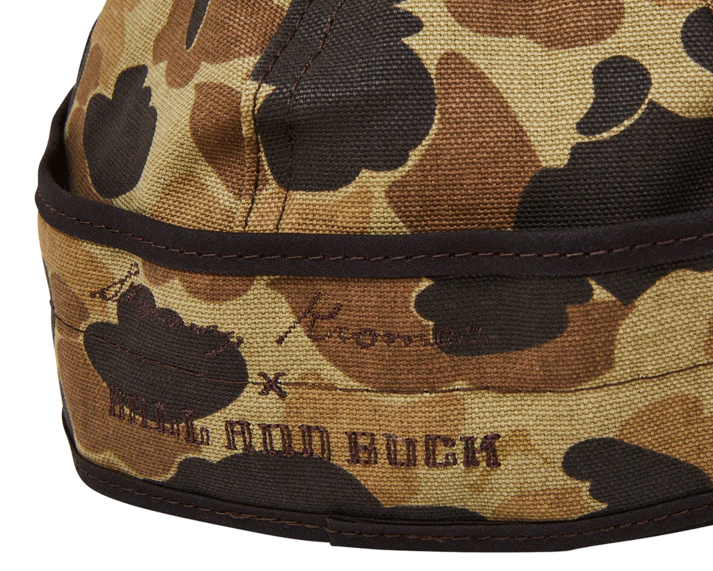 Ball and Buck embroidery on the back ear band of the Original Camo Stormy Kromer cap