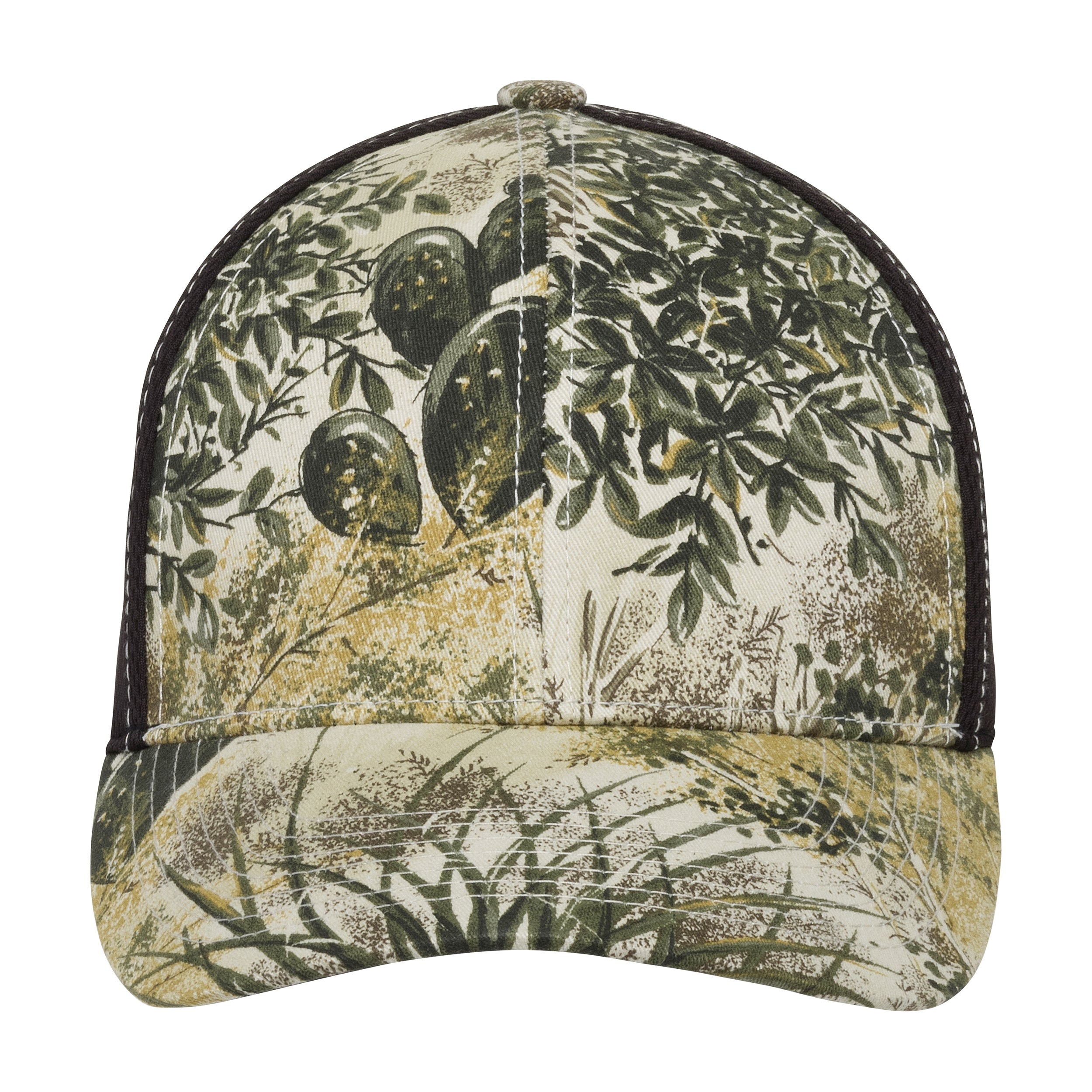 Camo trucker hat with leaf and acorn pattern, ideal for hunting and outdoor adventures