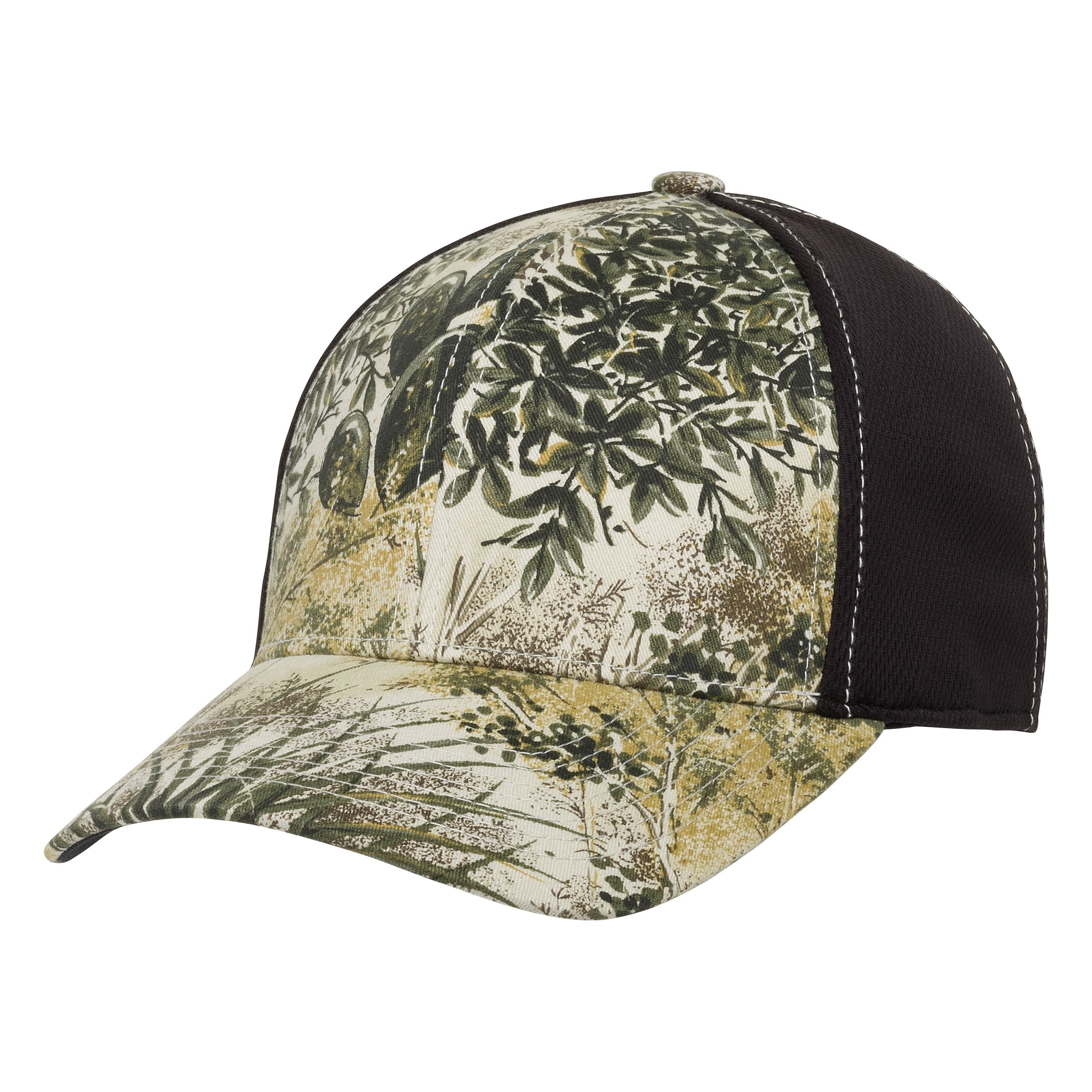 Camo hunting cap with leaf pattern and black mesh back for outdoor use