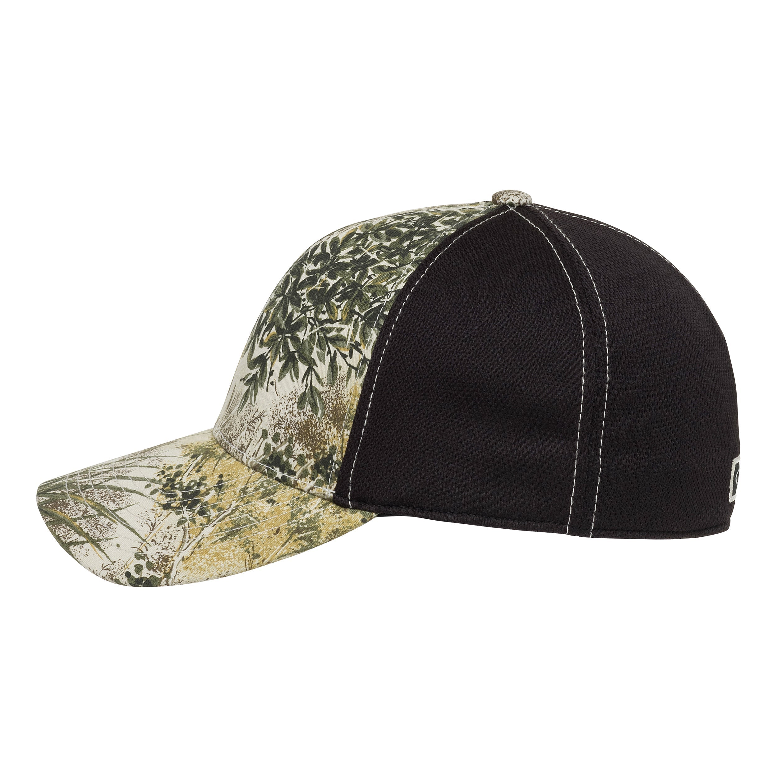 Camo hunting cap with leaf pattern and black mesh back, ideal for outdoor concealment and ventilation