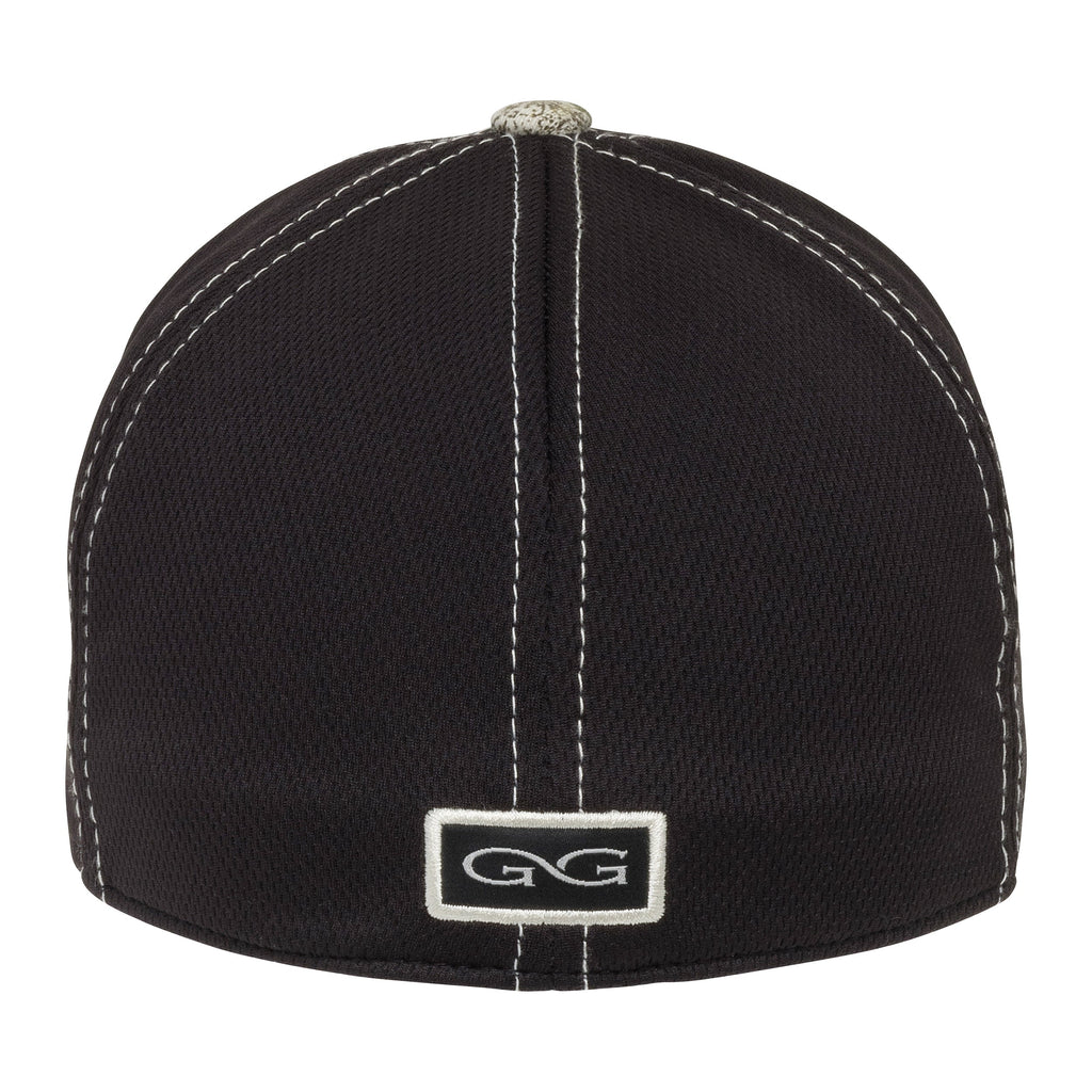 Black hunting cap with white stitching and GG logo, camo button, outdoor gear