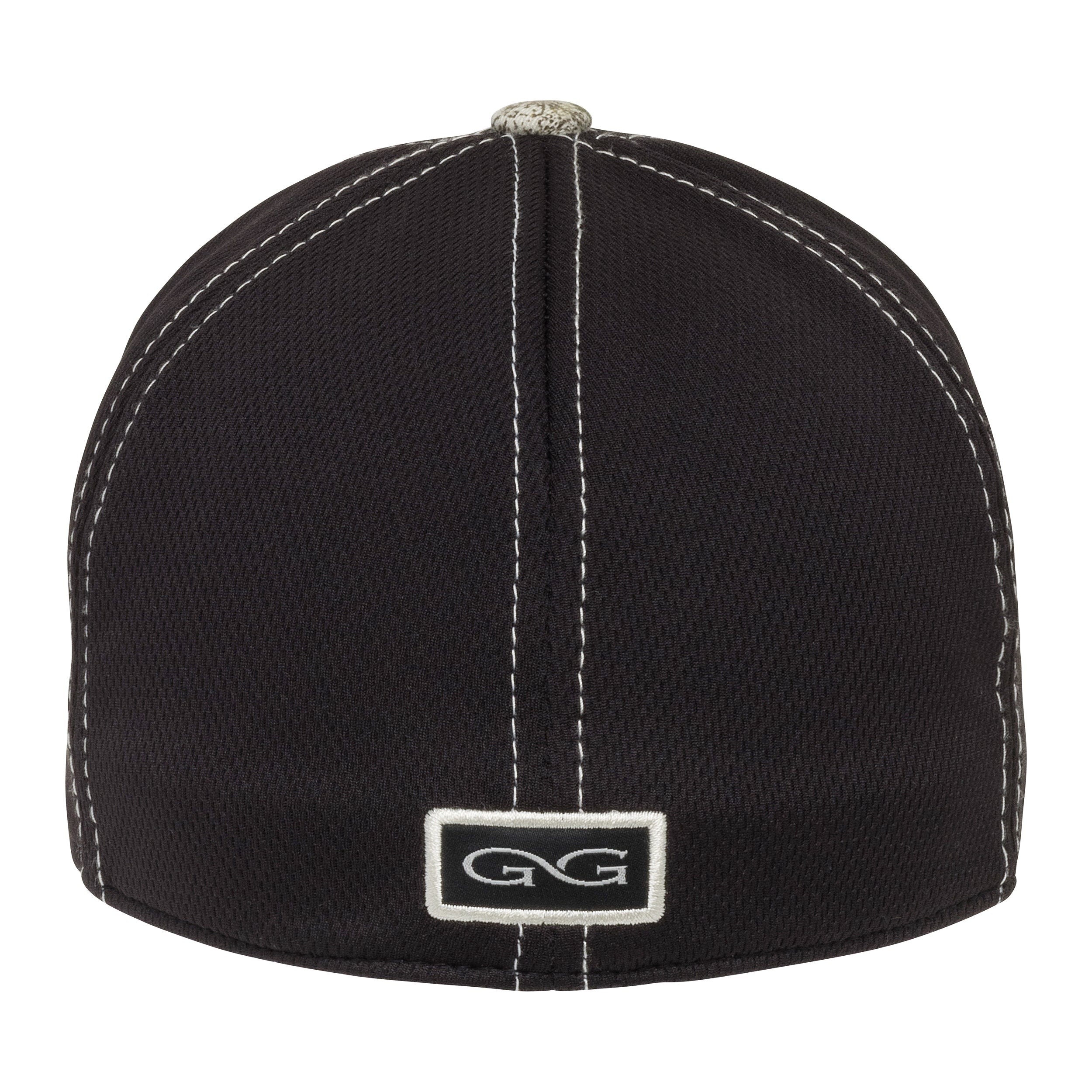 Black hunting cap with white stitching and GG logo, camo button, outdoor gear