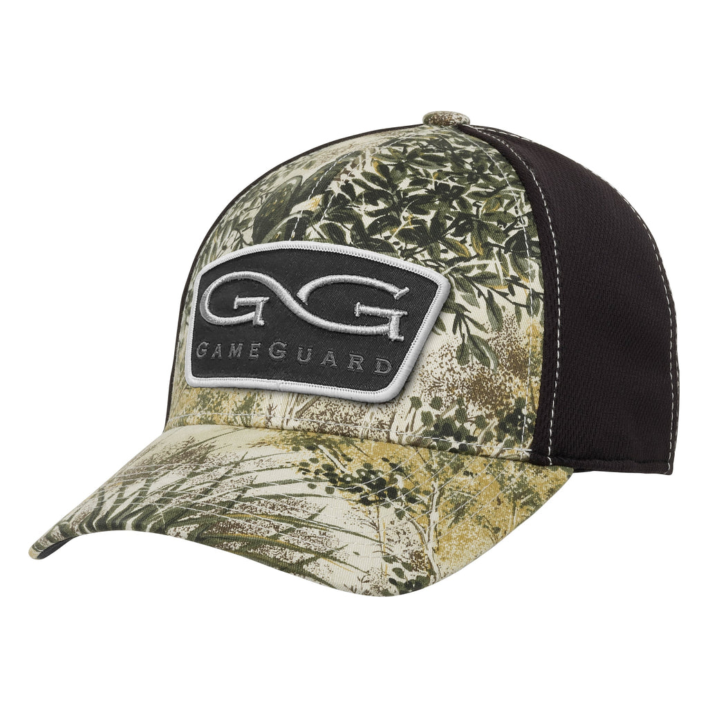 GameGuard camo trucker hat with leaf pattern, black mesh back, and embroidered logo for hunting and outdoor use