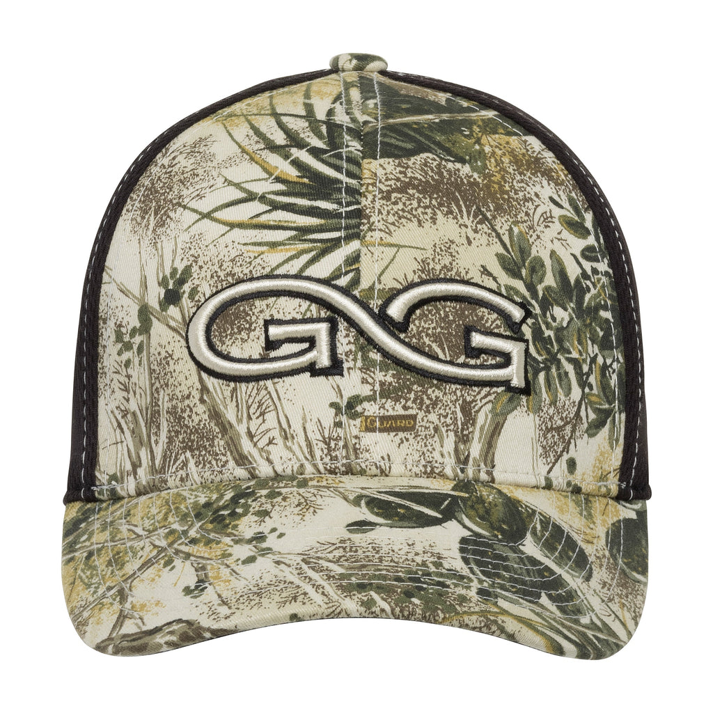 Camo hunting cap with embroidered GG logo, mesh back, ideal for outdoor adventures and concealment in brush.