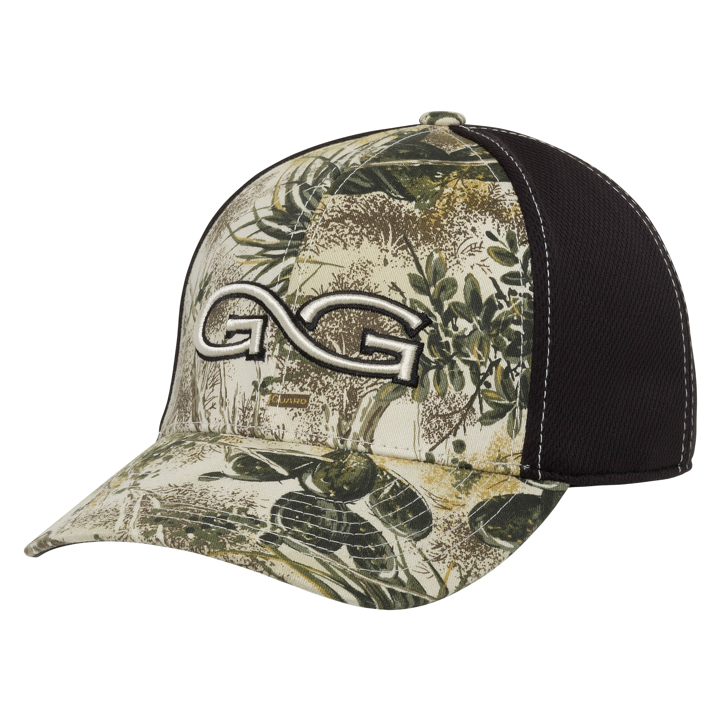 Camo hunting hat with black mesh back and embroidered logo, ideal for outdoor adventures