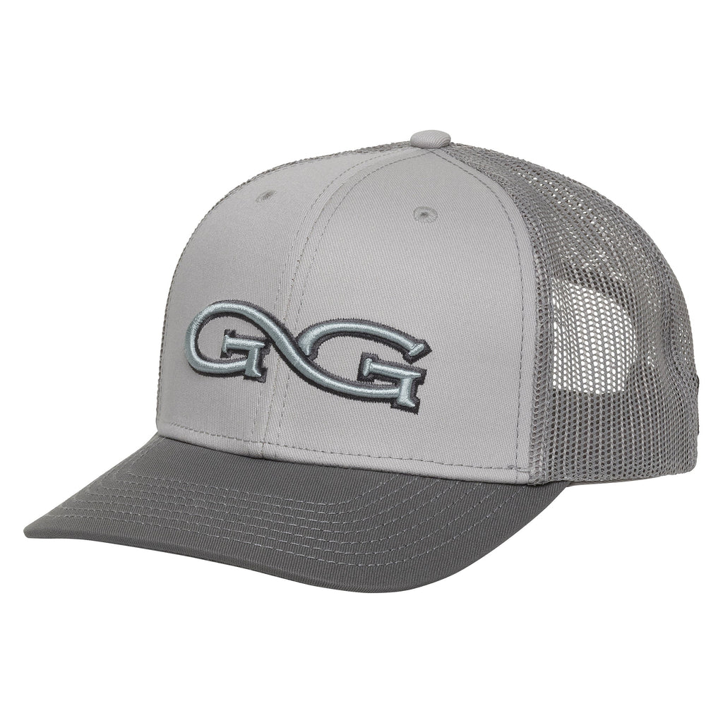 Gray trucker hat with mesh back and embroidered logo, ideal for hunting and outdoor activities