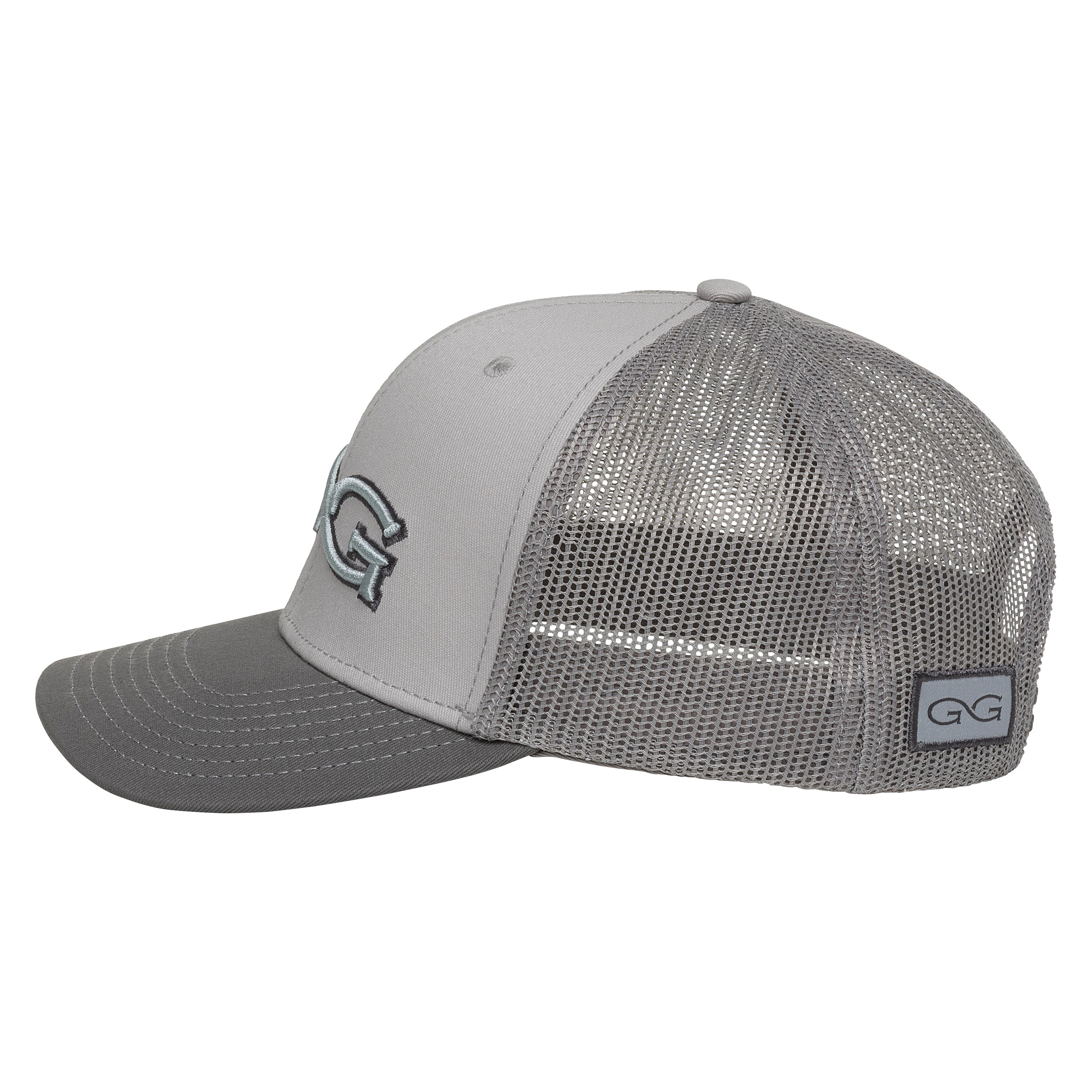 Gray mesh back trucker hat with embroidered GG logo, ideal for hunting and outdoor activities