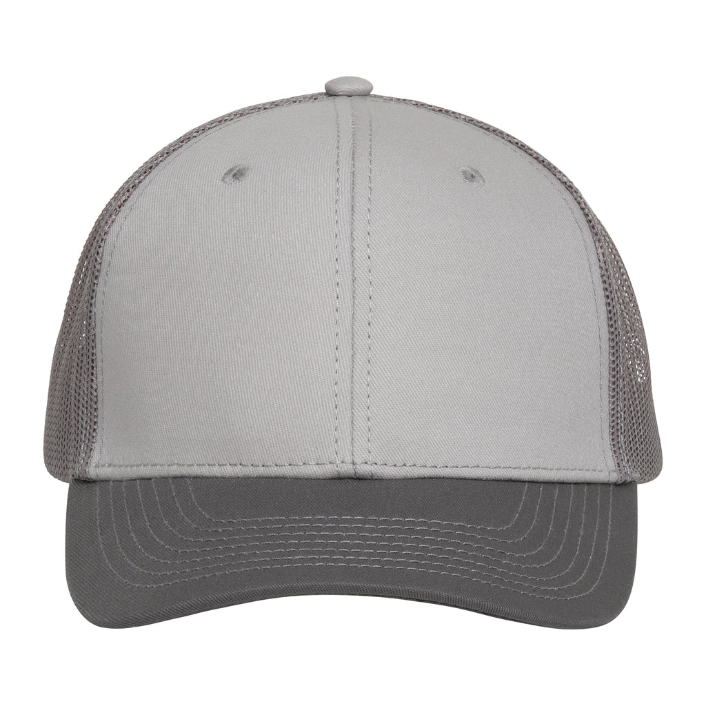 Gray trucker hat with mesh back and curved brim for outdoor hunting or fishing
