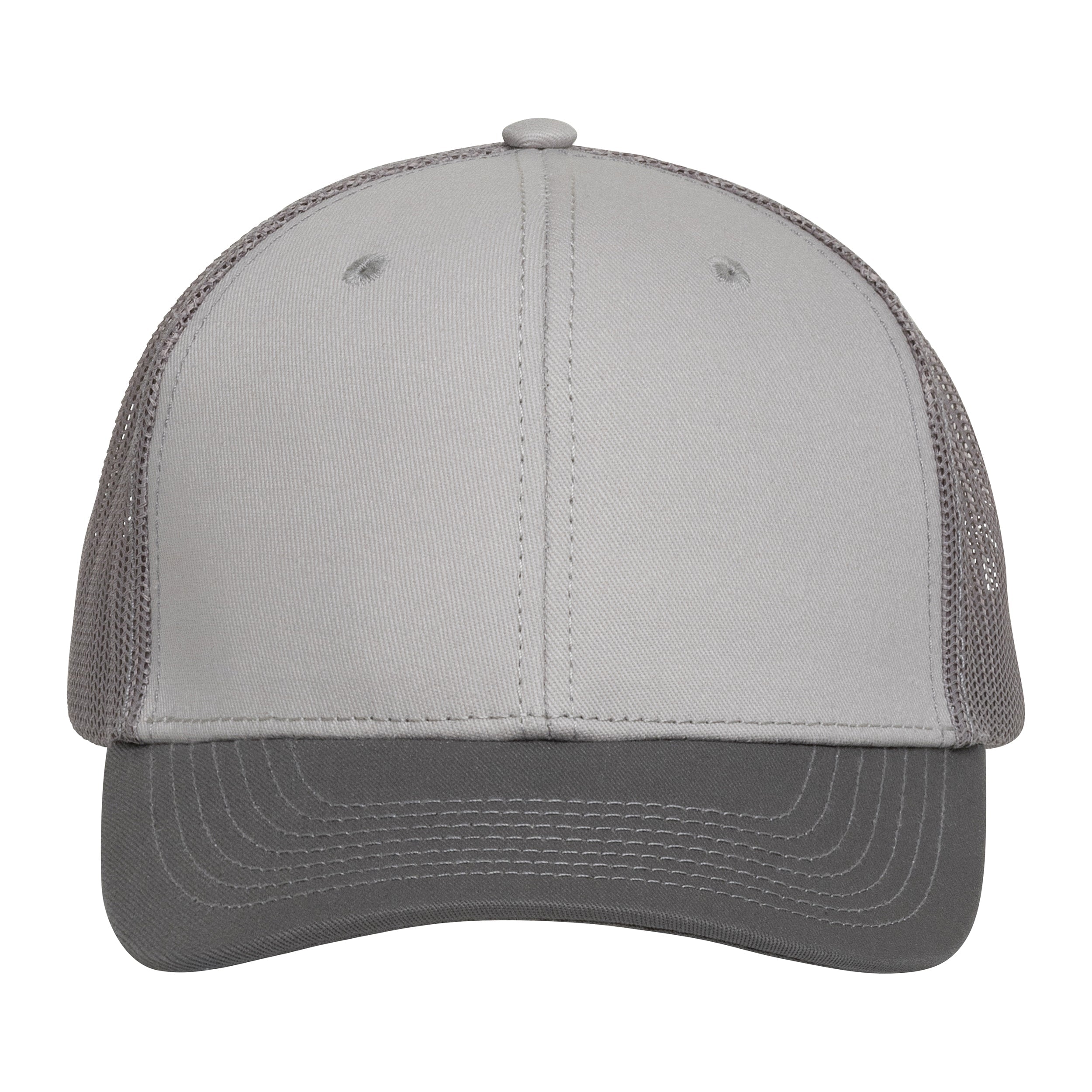 Gray trucker hat with mesh back and curved brim for outdoor hunting or fishing
