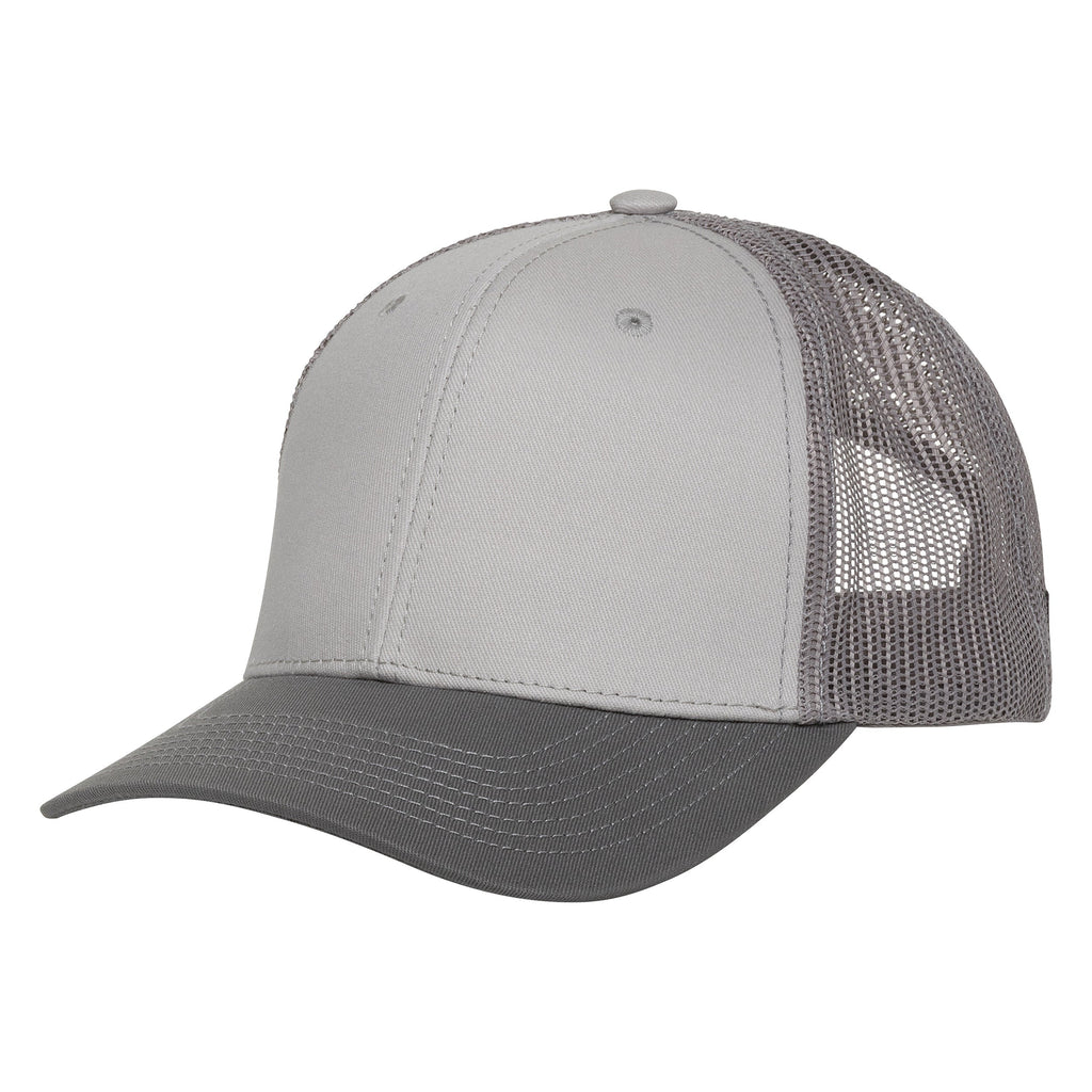 Gray and charcoal trucker hat with mesh back, ideal for hunting and outdoor activities