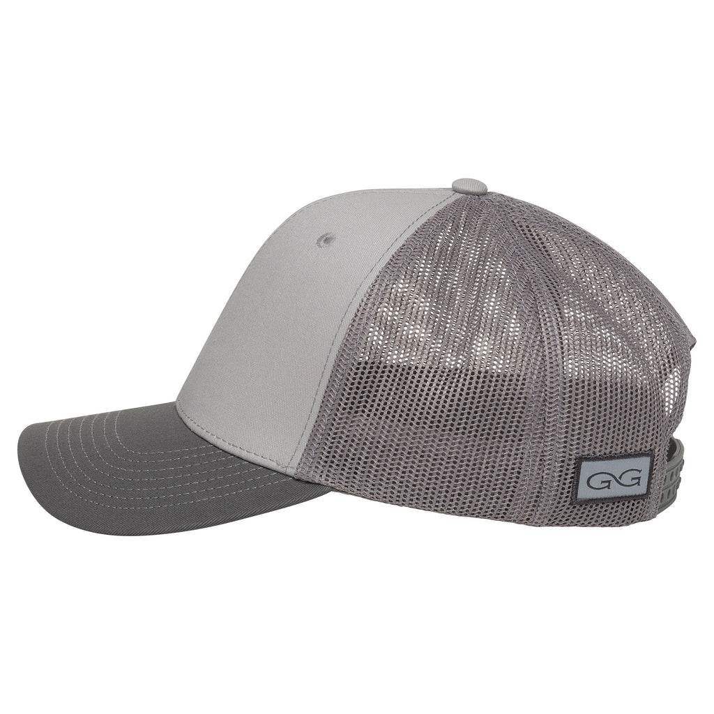 Gray mesh trucker hat with adjustable strap, ideal for hunting and outdoor activities