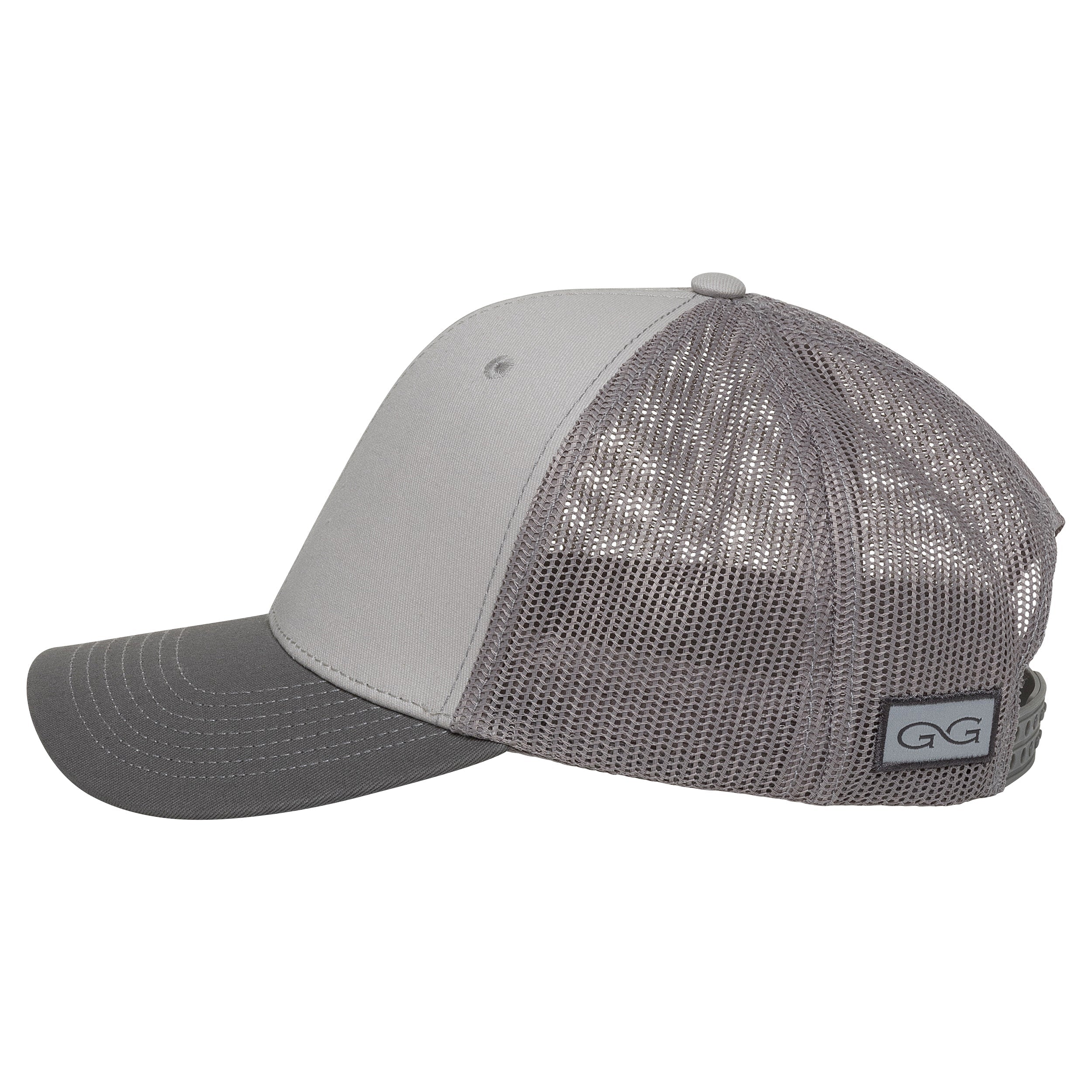 Gray mesh trucker hat with adjustable strap, ideal for hunting and outdoor activities