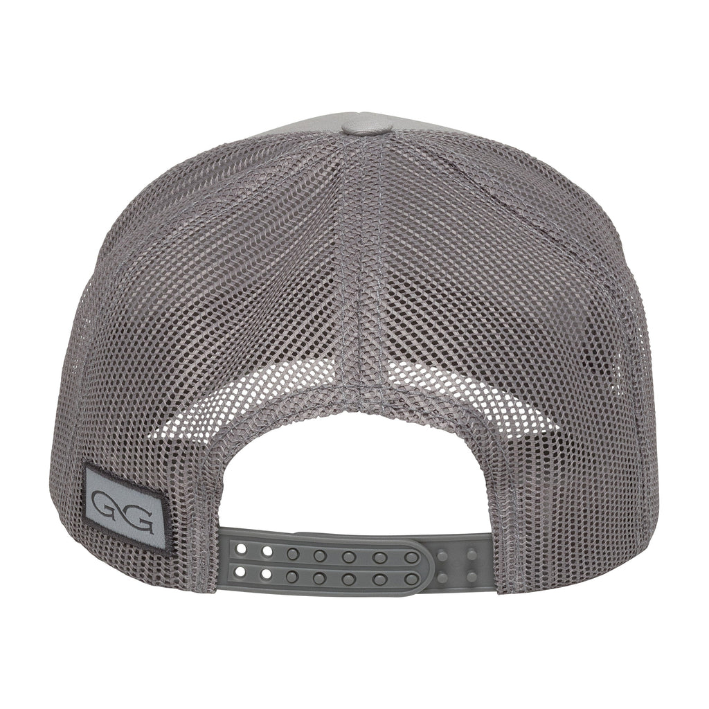Gray mesh trucker hat with adjustable strap, ideal for hunting and outdoor activities